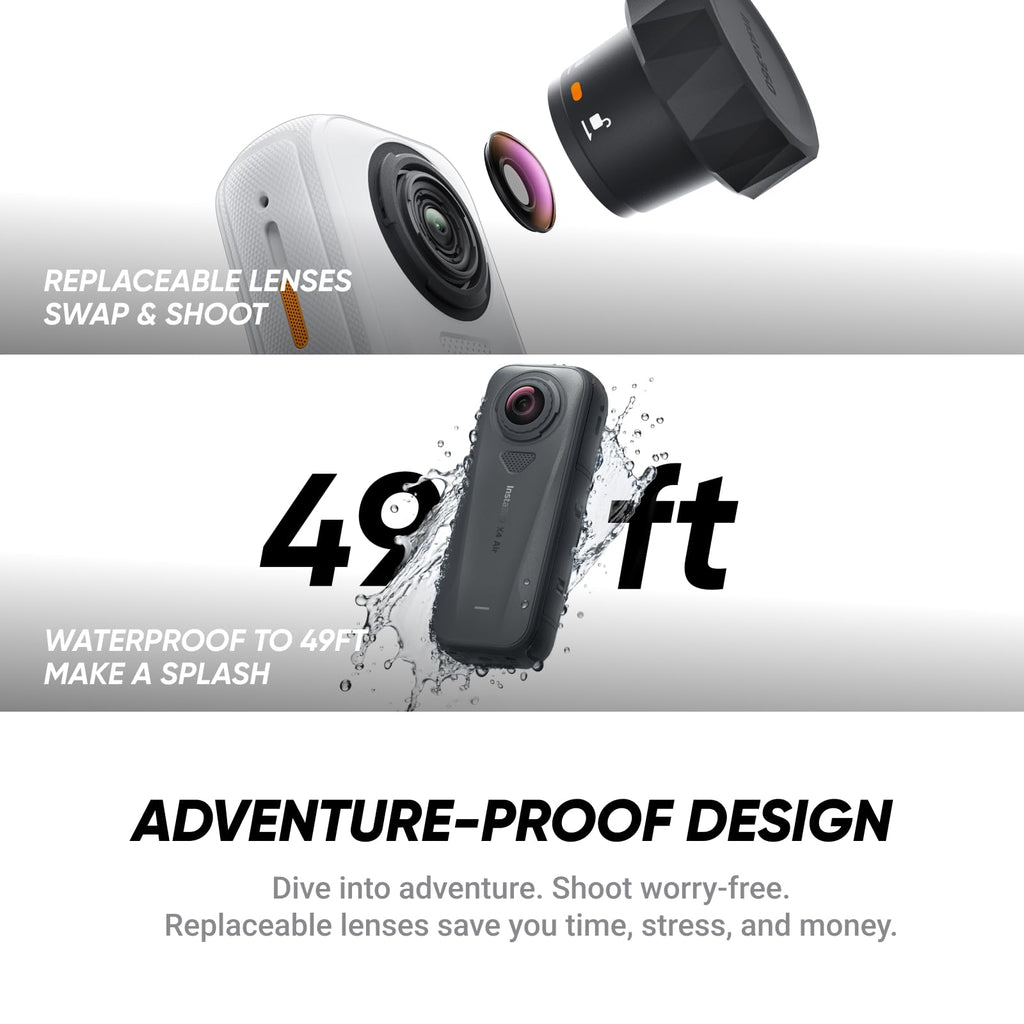 Insta360 X4 Air - Lightweight 165g 8K 360 Camera, Invisible Selfie Stick Effect, Replaceable Lenses, Shoot First & Frame Later, Built-in Wind Guard, FlowState Stabilization, AI-Powered App