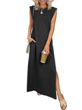 ANRABESS Women Summer Casual Sleeveless Maxi Dress 2026 Crewneck Loose Split Wrinkle-Free Beach Travel Vacation Long Sundress Black Medium