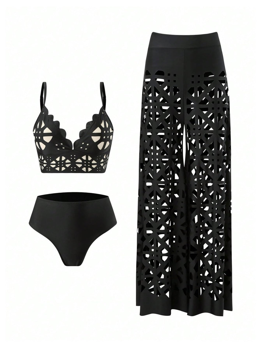 WDIRARA Women's 3 Piece Swimsuit Hollow Out Bikini Set with Cover Up Pants Black X-Large