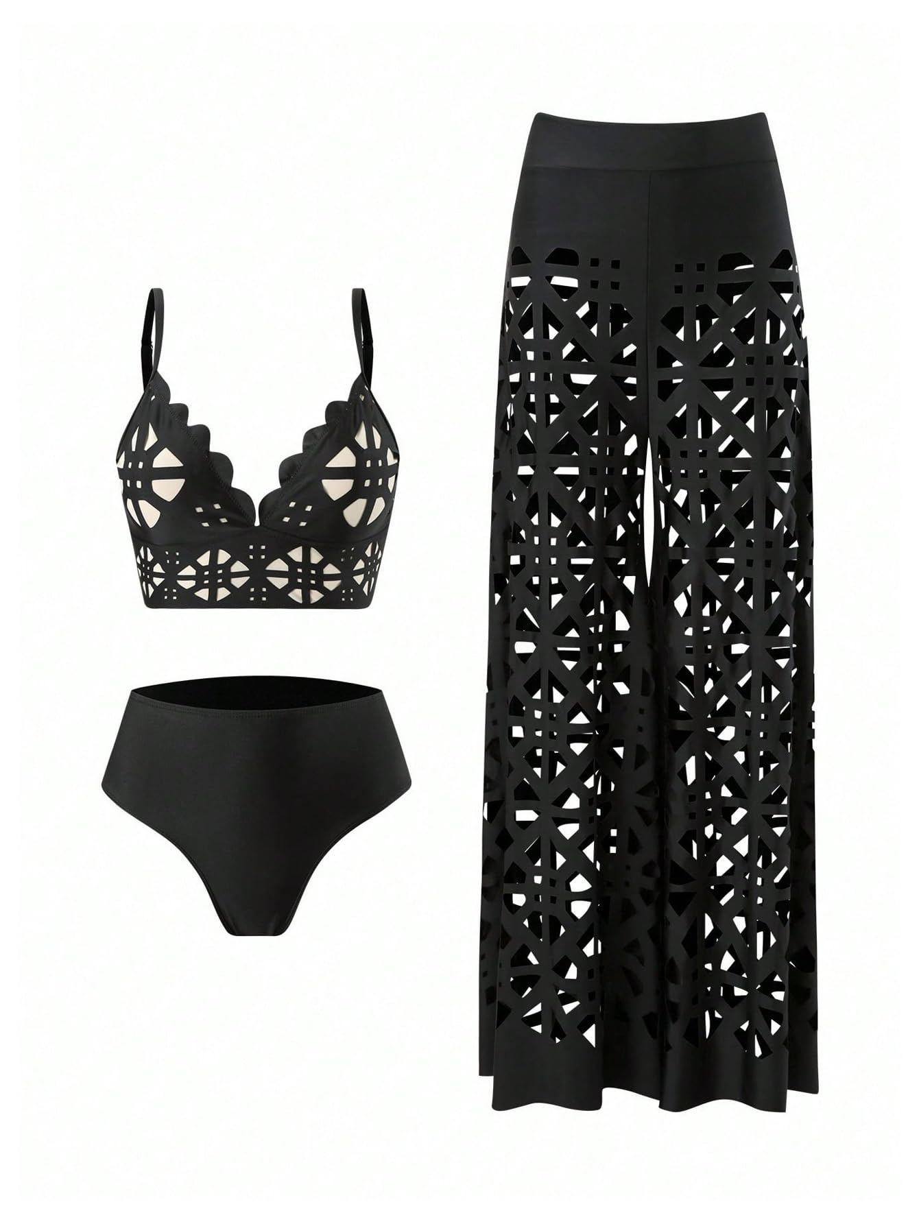 WDIRARA Women's 3 Piece Swimsuit Hollow Out Bikini Set with Cover Up Pants Black X-Large