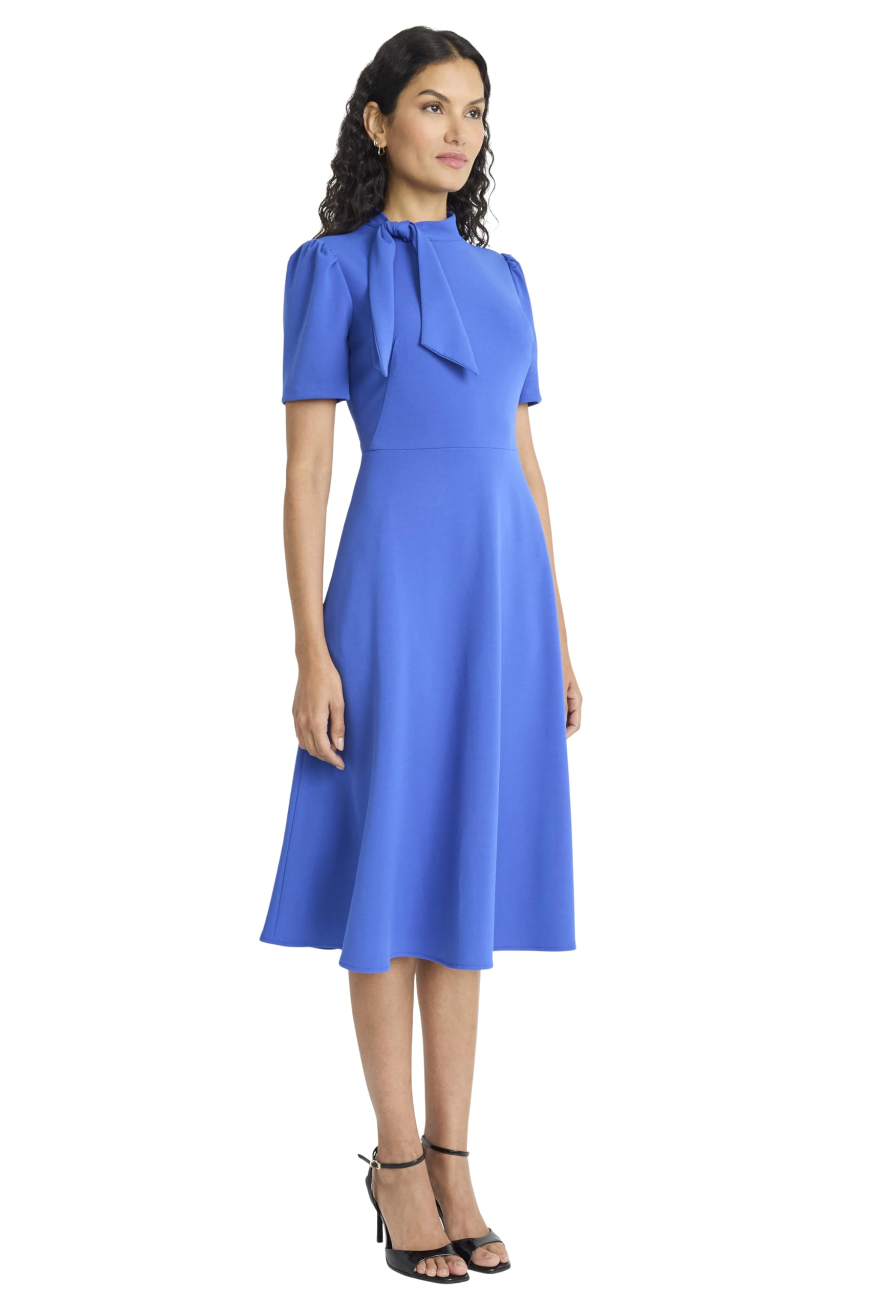 Maggy London Women's Dresses Crepe Fabric Flight Attendant Bow Neck Tie Short Sleeve A-Line, SC - Beaucoup Blue, 4