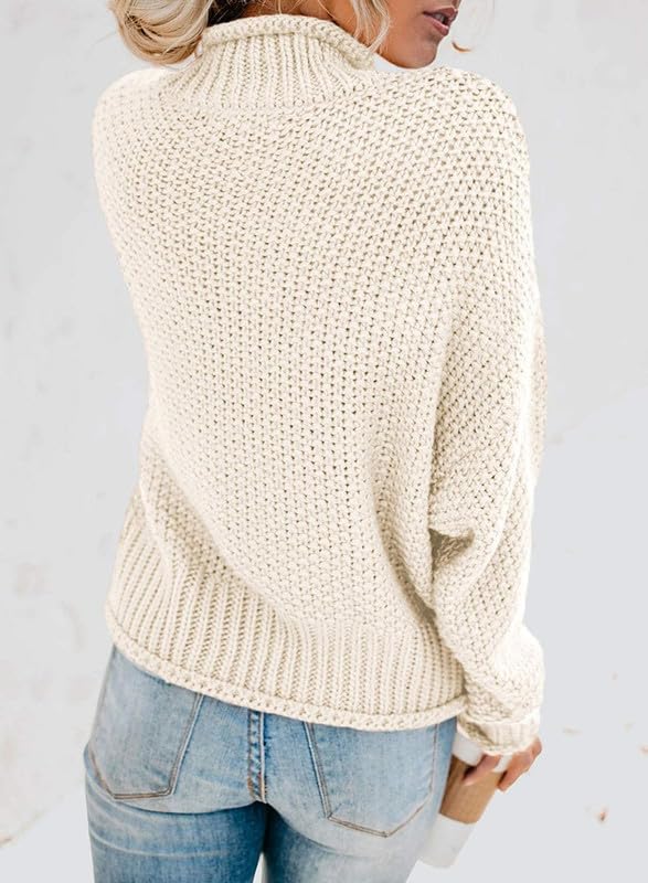 Dokotoo Fall Sweaters for Women 2025 Batwing Long Sleeve Turtleneck Sweaters Solid Autumn Basic Casual Halloween Sweaters Loose Oversized Chunky Knit Pullovers Sweaters Jumper Beige Blouses Medium