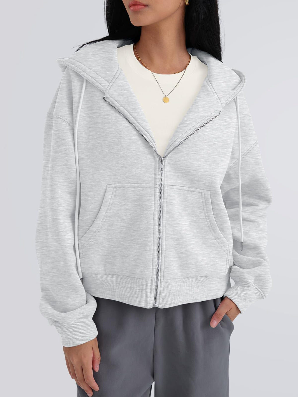Trendy Queen Zip Up Hoodies For Women Oversized Sweatshirts Fall Fashion Outfits 2026 Cropped Pullover Sweaters Y2k Fleece Jackets Comfy Gym Tops Teen Girls Clothes Grey S