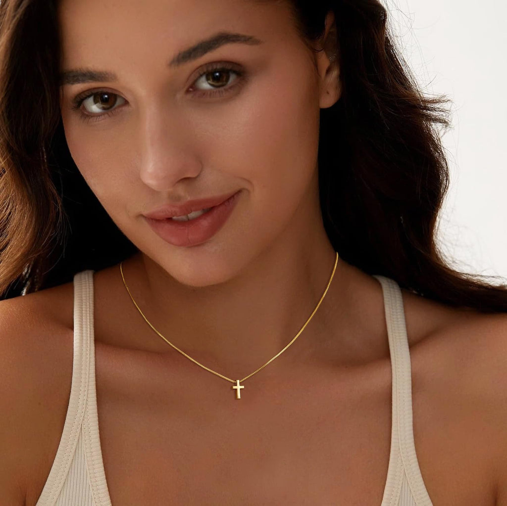 Poxtex Gold Cross Necklace for Women Teen Girls Dainty Cute 14K Gold Plated Small Cross Pendant Trendy Jewelry Non Tarnish Waterproof Simple Tiny Necklace Religious Christian Baptism Jesus Faith Gifts Stuff
