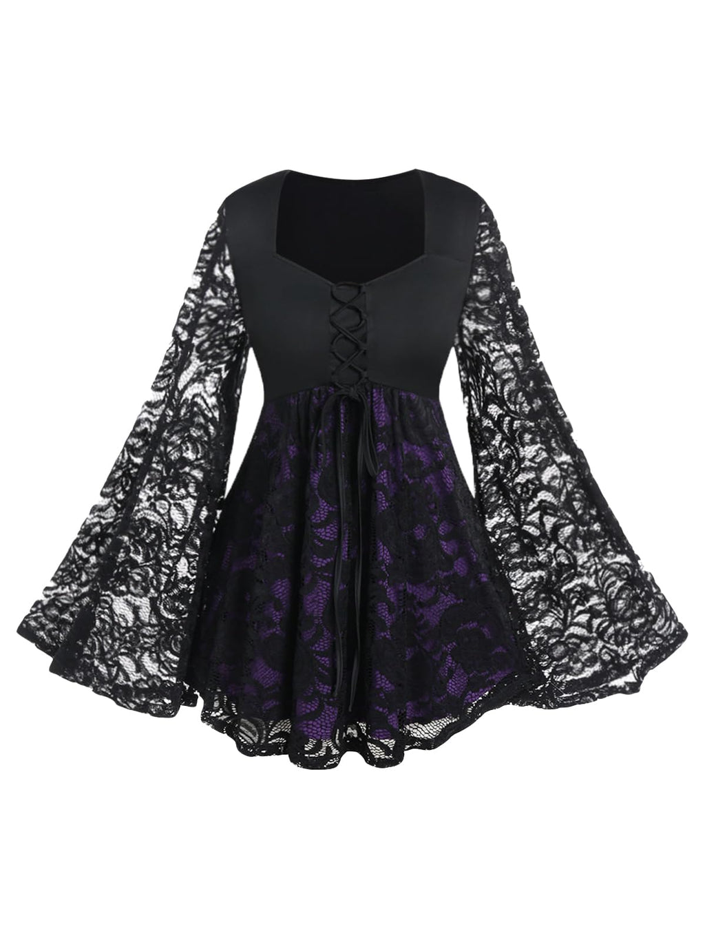 ROSE GAL Rosegal Women Plus Size Gothic Lace Flare Sleeves Lace-up Colorblock Gothic Tee Witch Halloween Costume Bell Sleeves Two Tone T-Shirt Long Sleeves Gothic Top(Black_2/1X)