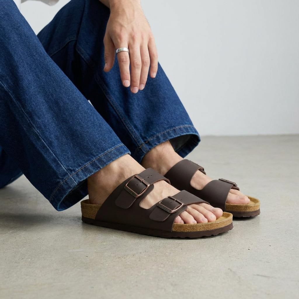 CUSHIONAIRE Lane Cork Footbed Mens Sandals, Adjustable Buckle Comfort Slides for Men, Genuine Leather Insole Summer Sandals Men Footwear, BROWN 13