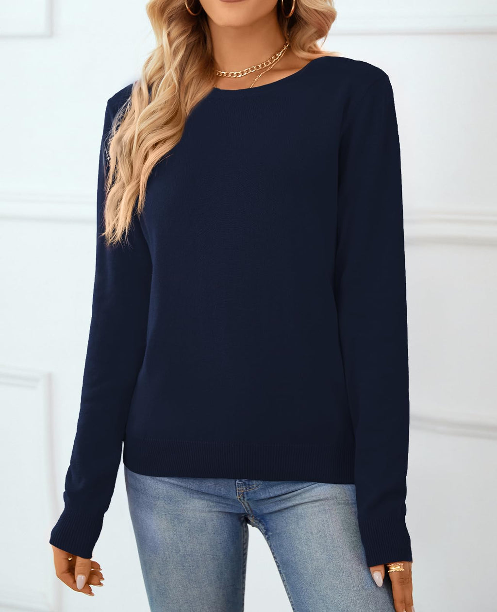 QUALFORT Women's Crewneck Sweater 100% Cotton Soft Knit Pullover Tops Navy X-Large