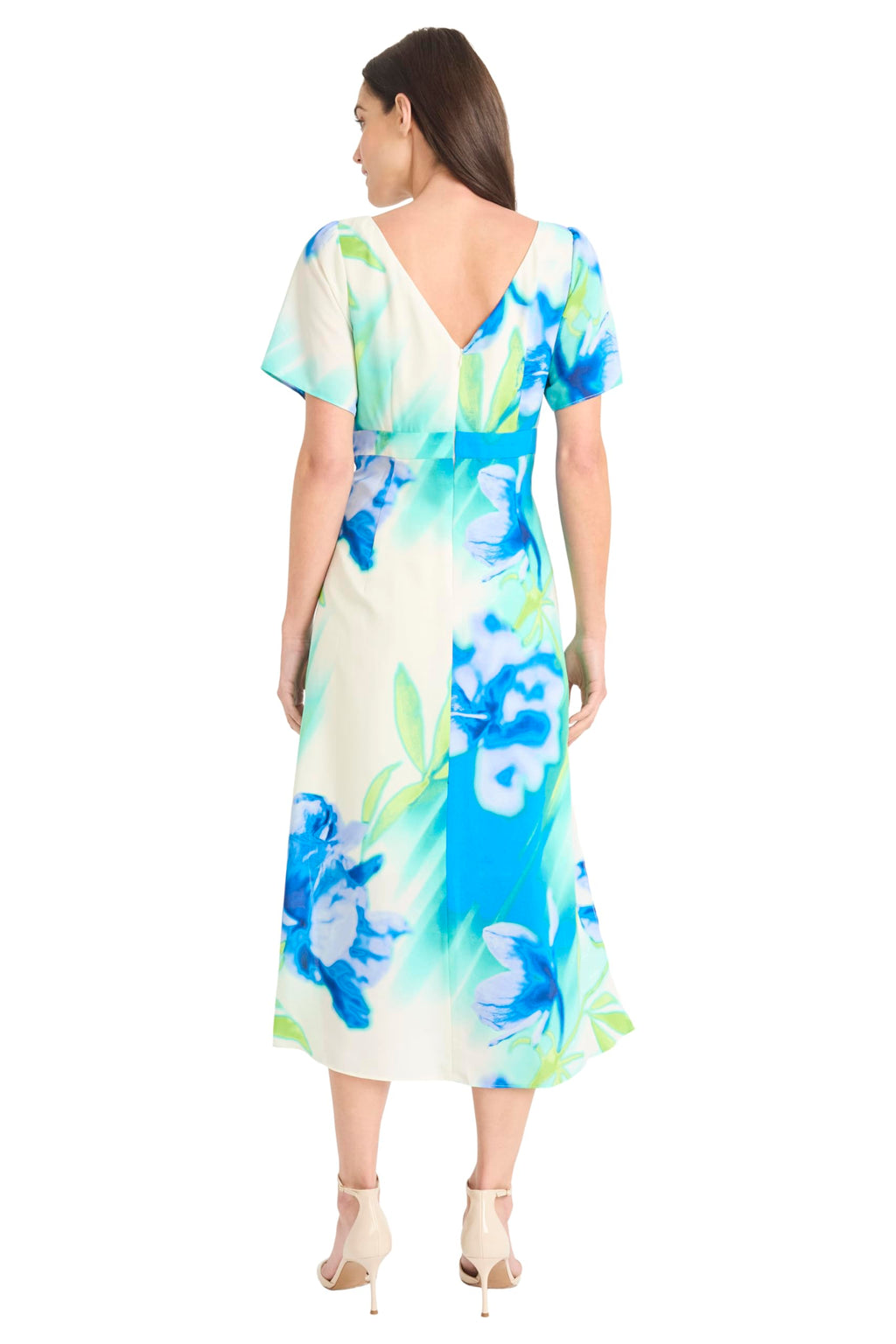 Maggy London Women's Dresses Women's Floral Printed Midi Cocktail Dress with Boat Neckline and Empire Waist - Wedding Guest Ready, Ivory/Blue, 0