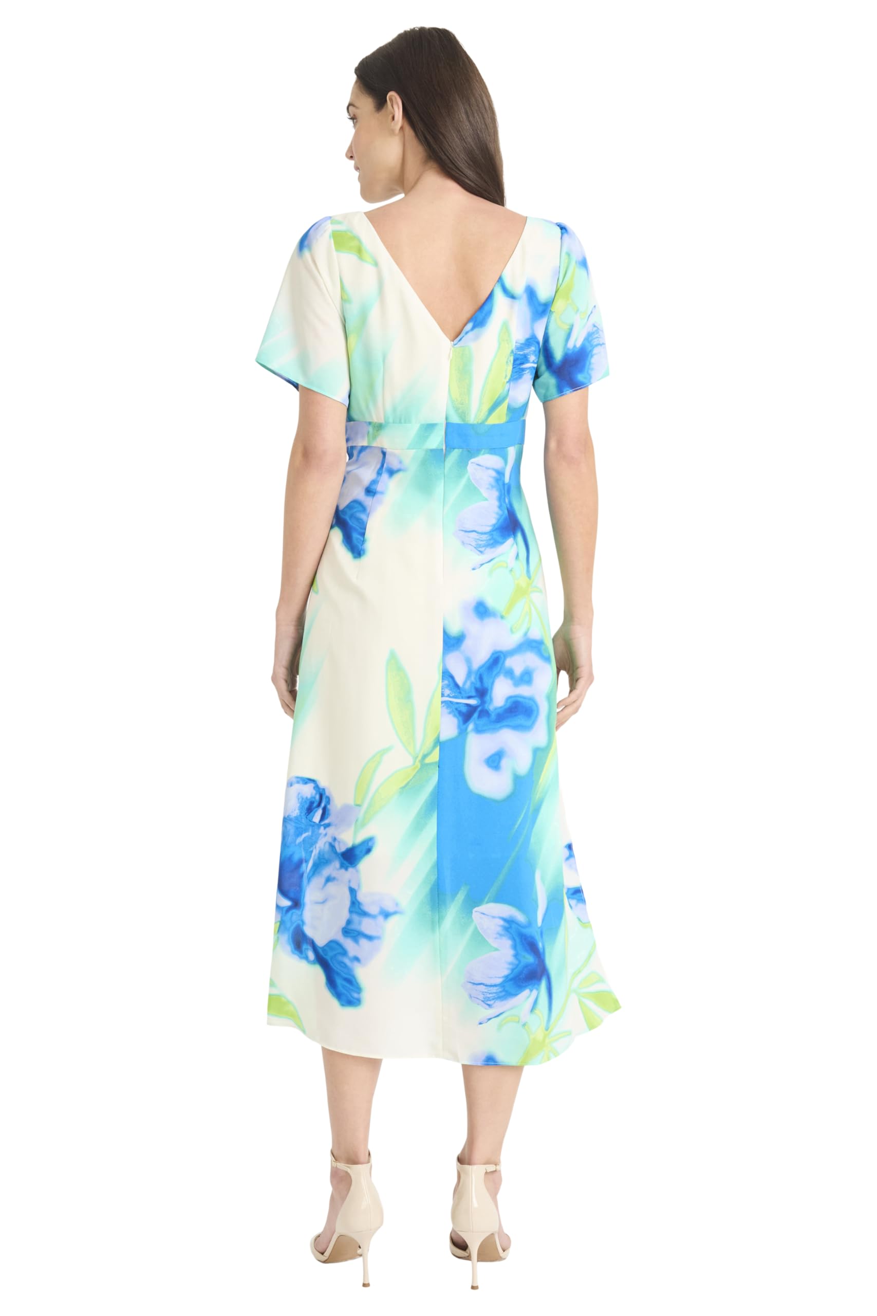 Maggy London Women's Dresses Women's Floral Printed Midi Cocktail Dress with Boat Neckline and Empire Waist - Wedding Guest Ready, Ivory/Blue, 0