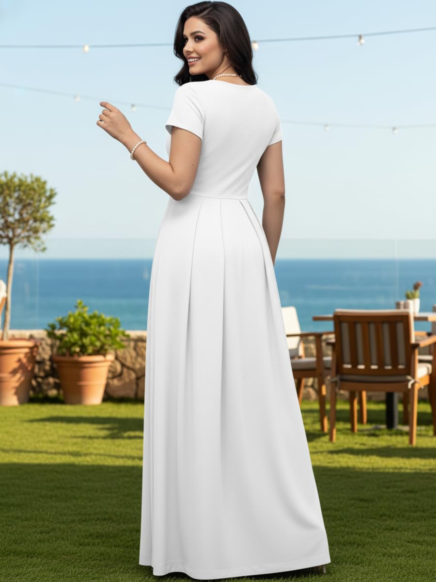 KOH KOH Plus Size Long Pleated Short Cap Sleeve V-Neck Flowy Wedding Guest Bridesmaid Dressy Elegant Evening Empire Waist Spring Summer Modest Maxi Dress Gown, White 2XL 18-20