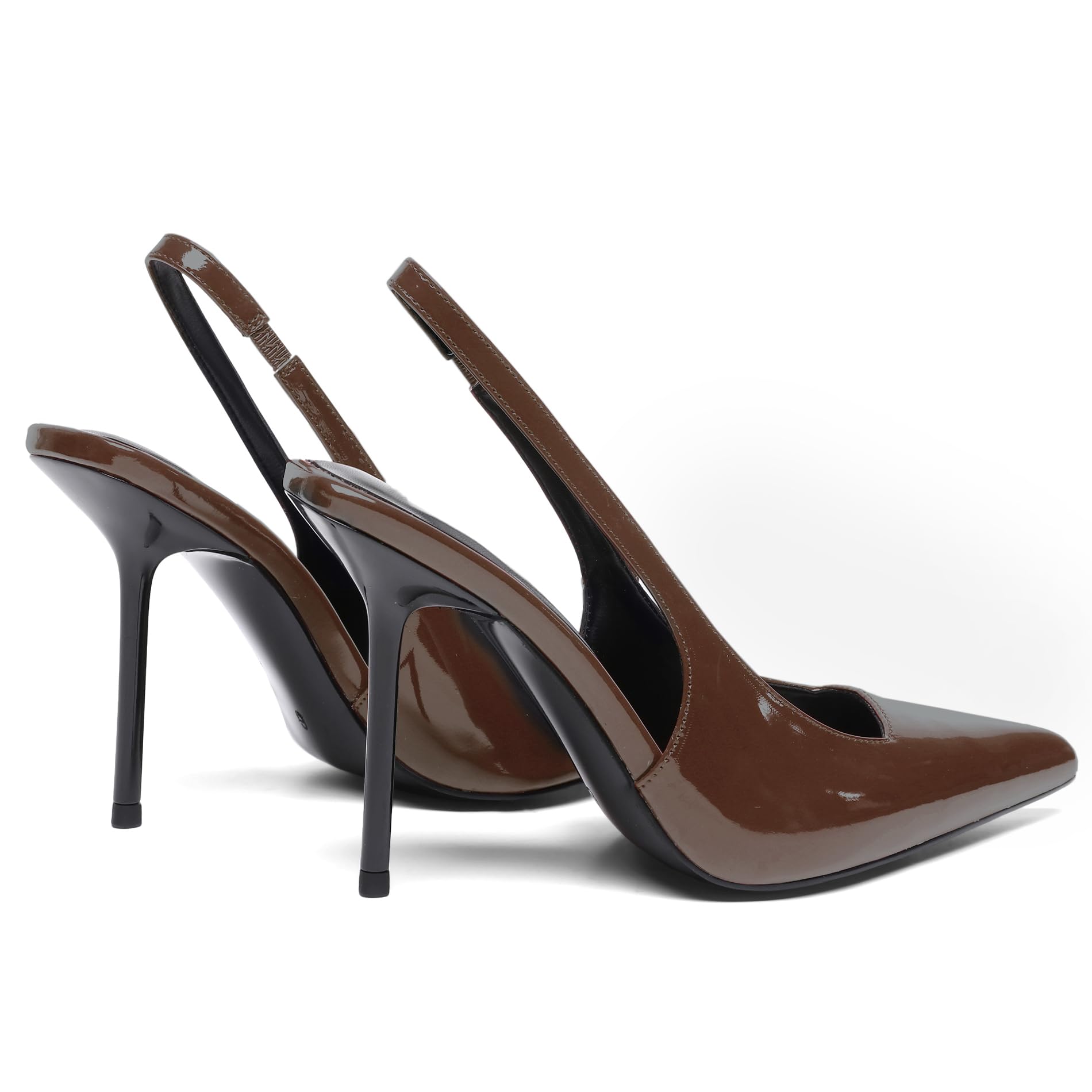 Women's Slingback Stiletto High Heels Pointed Toe Slip On Pumps Shoes Patent Leather Stretch Strap Backless Dress Heels Chocolate