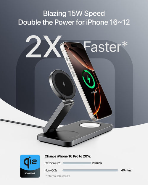 3 in 1 Wireless Charging Station with Qi2 Magnetic Charger for iPhone 16 Pro/16/16 Pro Max, for Apple Watch 9/Ultra 2/SE/8/7/6/5/4/3/2, for AirPods Pro/Pro 2/3 (Black)