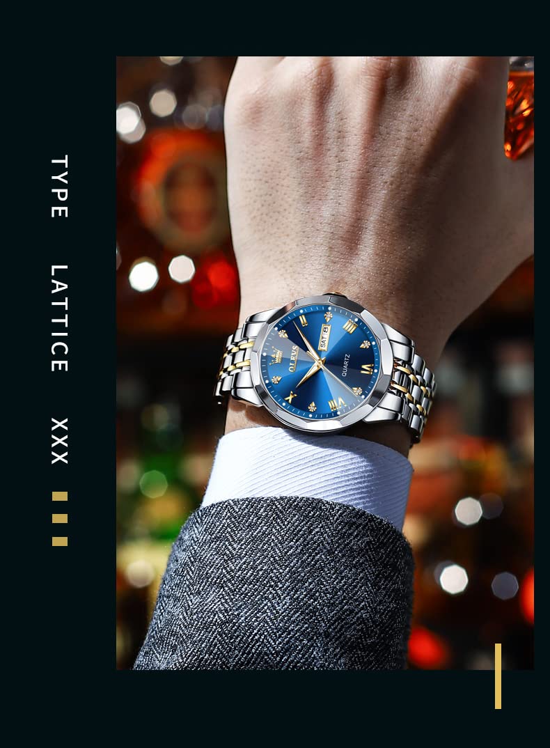 OLEVS Watch for Men Diamond Business Dress Analog Quartz Stainless Steel Waterproof Luminous Date Two Tone Luxury Casual Wrist Watch Blue Men