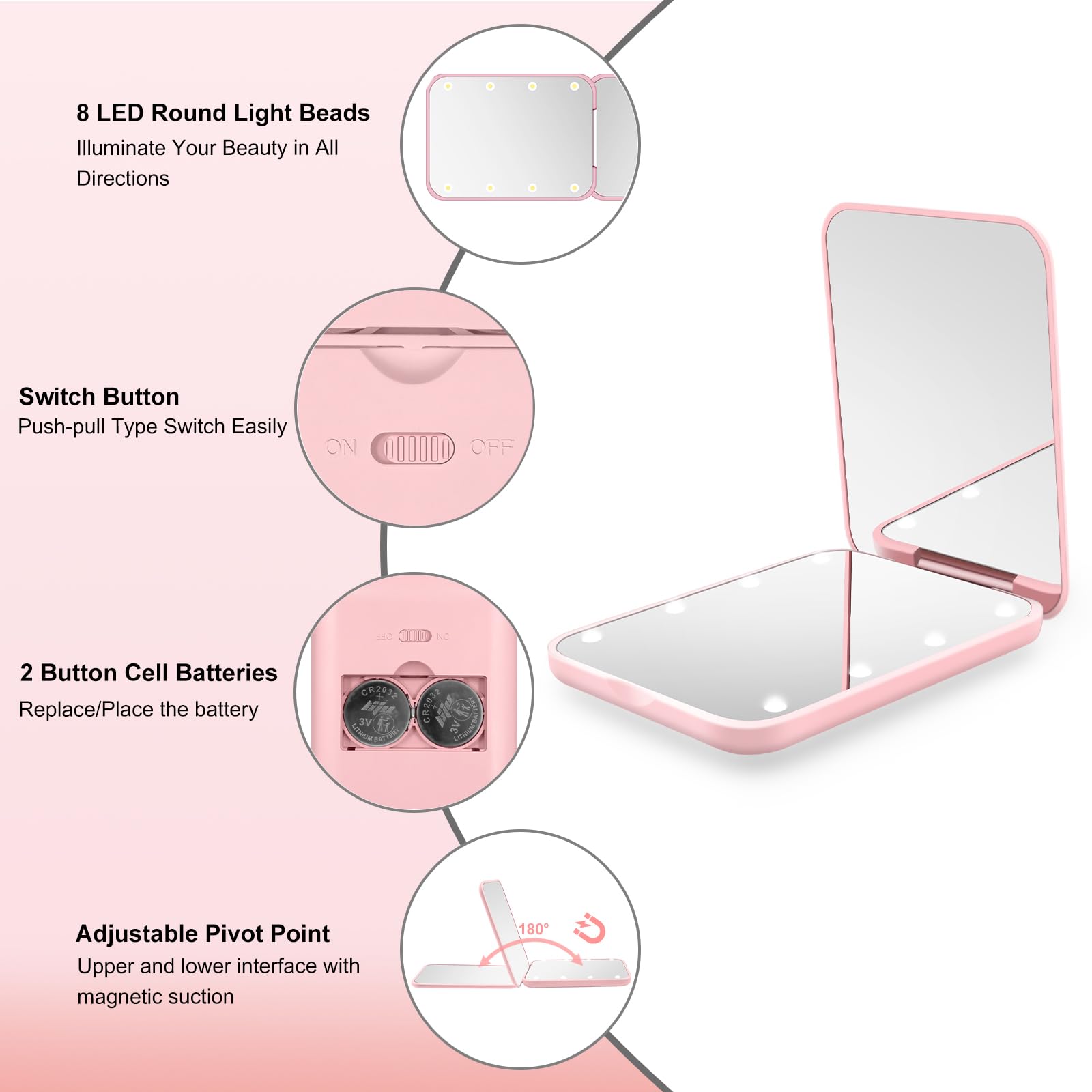 Kakuje Compact Mirror, 1X/3X Magnification LED Pocket Mirror with Nternal BIattery, Mini Mirror for Purse, Pocket,Travel and Present (Pink)