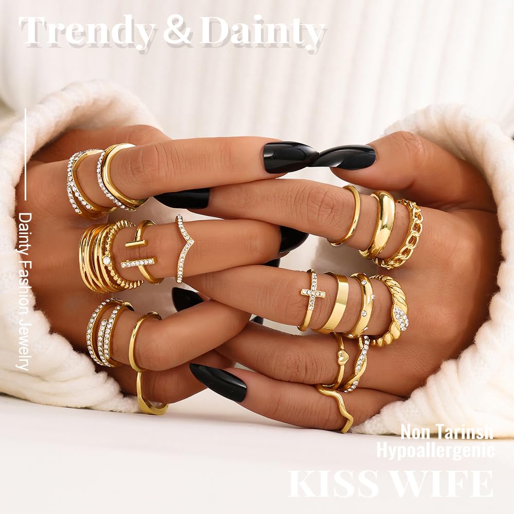 KISS WIFE Gold Silver Black Kunckle Rings Set for Women , Dainty Simple Trendy Cute Stackable Finger Rings Pack, Perfect for Stacking Layering on Thumb and Knuckle, Mixed Size, Jewelry Gift (Gold-Sparkling)