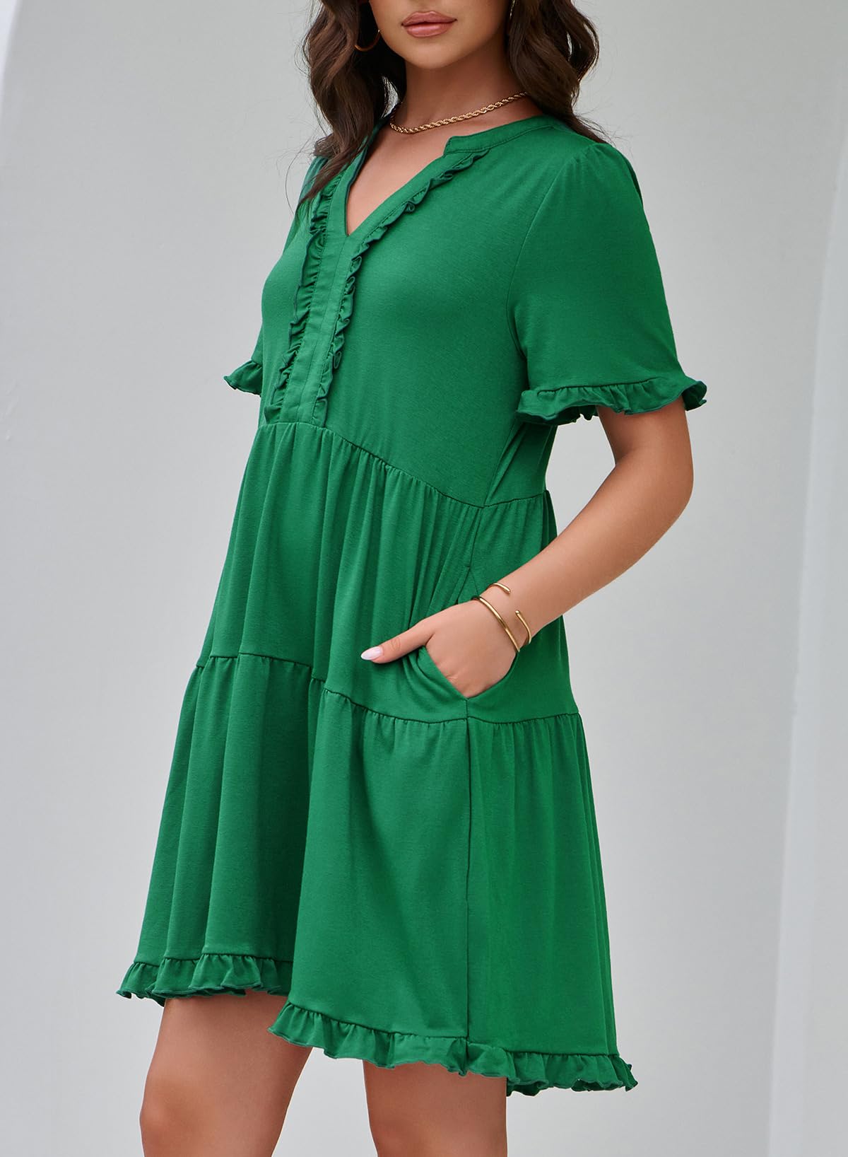 Dokotoo Summer Dresses for Women Short Sleeve V Neck Empire Waist Casual Flowy Swing Plus Size Babydoll Western Tiered Tunic A Line Dresses with Pockets Easter Kelly Green Dress L