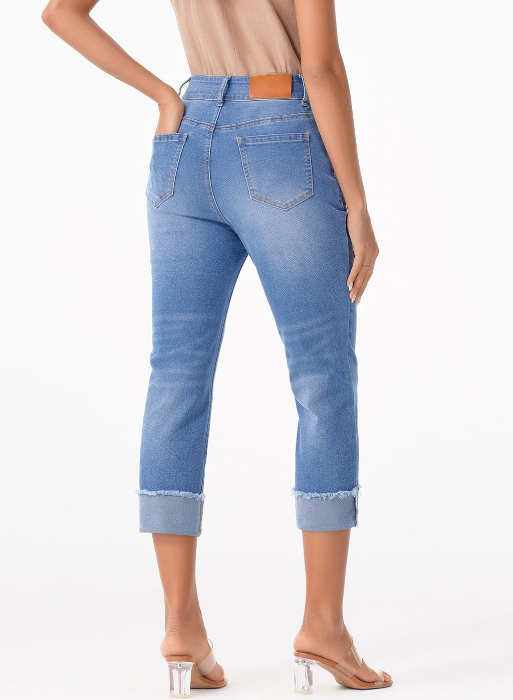 Sidefeel Women's High Waisted Stretchy Skinny Roll-up Summer Cuffed Cropped Denim Capri Pants Light Blue Size 6