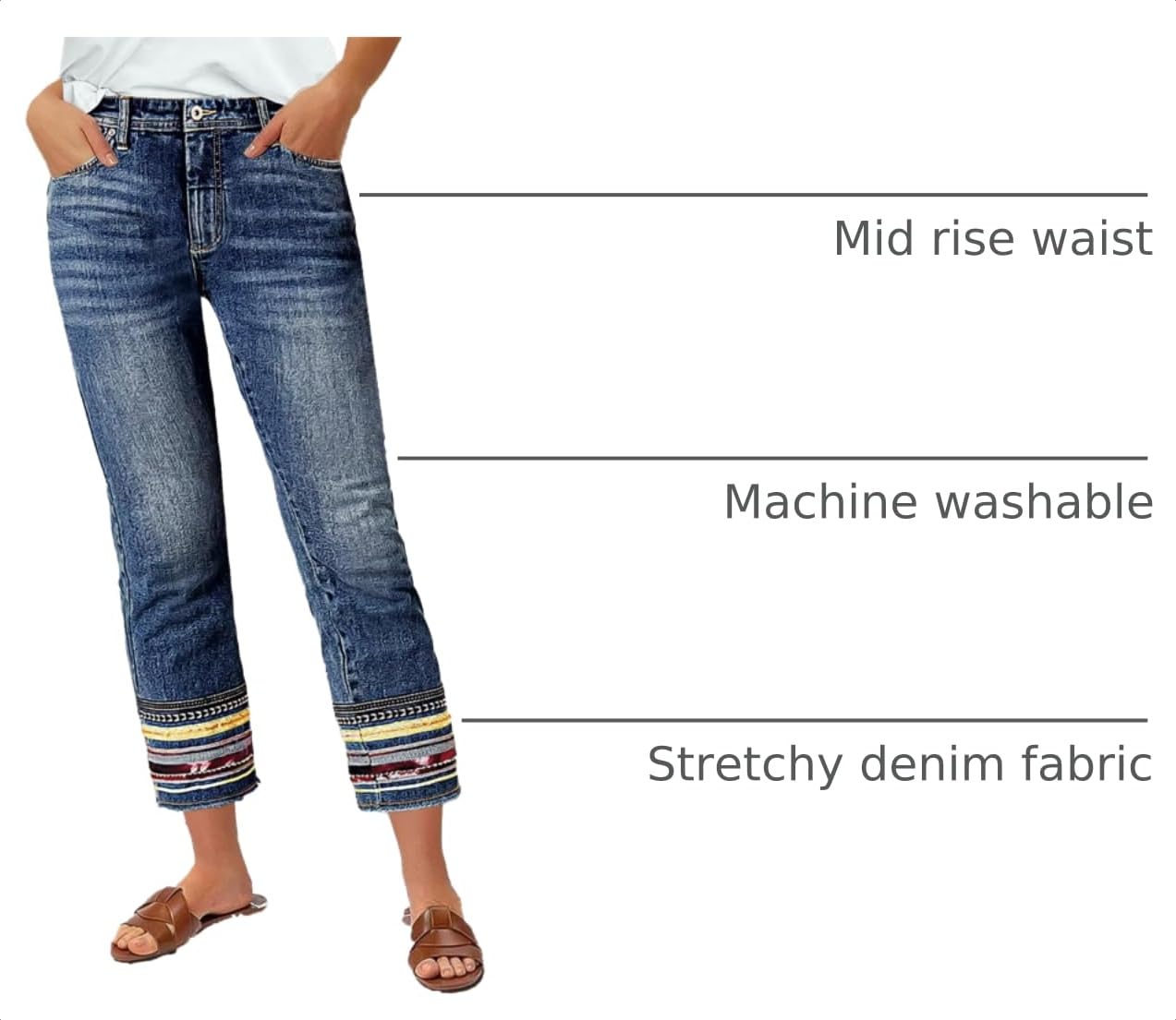 Flamingals Straight Leg Cropped Jeans for Women Trendy Mid Rise Stretchy Tribal Embroidery Raw Hem Ankle Jeans Mid Blue Wash L