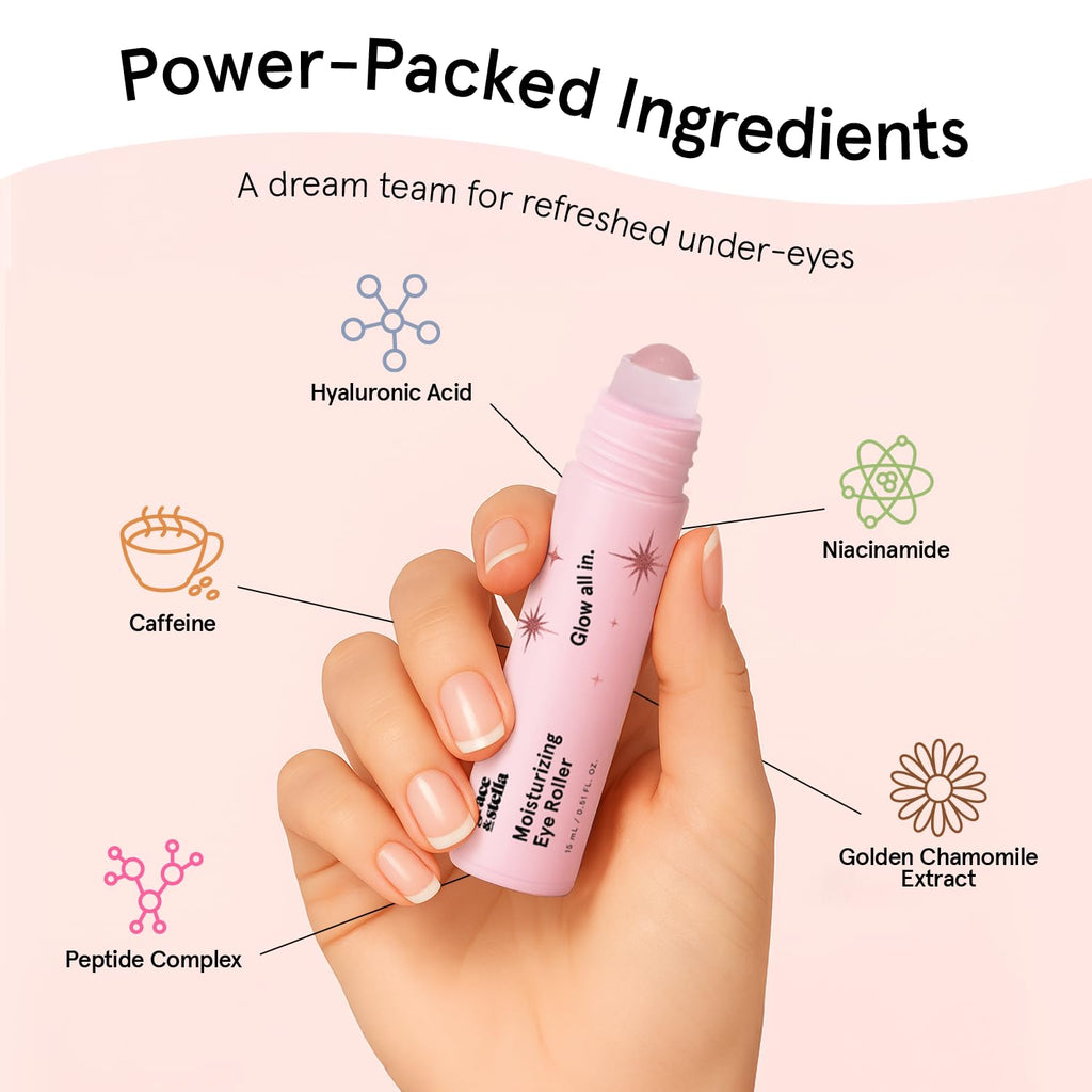 grace & stella Under Eye Brightener with Rose Quartz Rollerball - Hyaluronic Acid & Caffeine Eye Serum for Dark Circles & Puffiness - Travel Size Toiletries, Womens Christmas Gifts (15ml / 0.51floz)