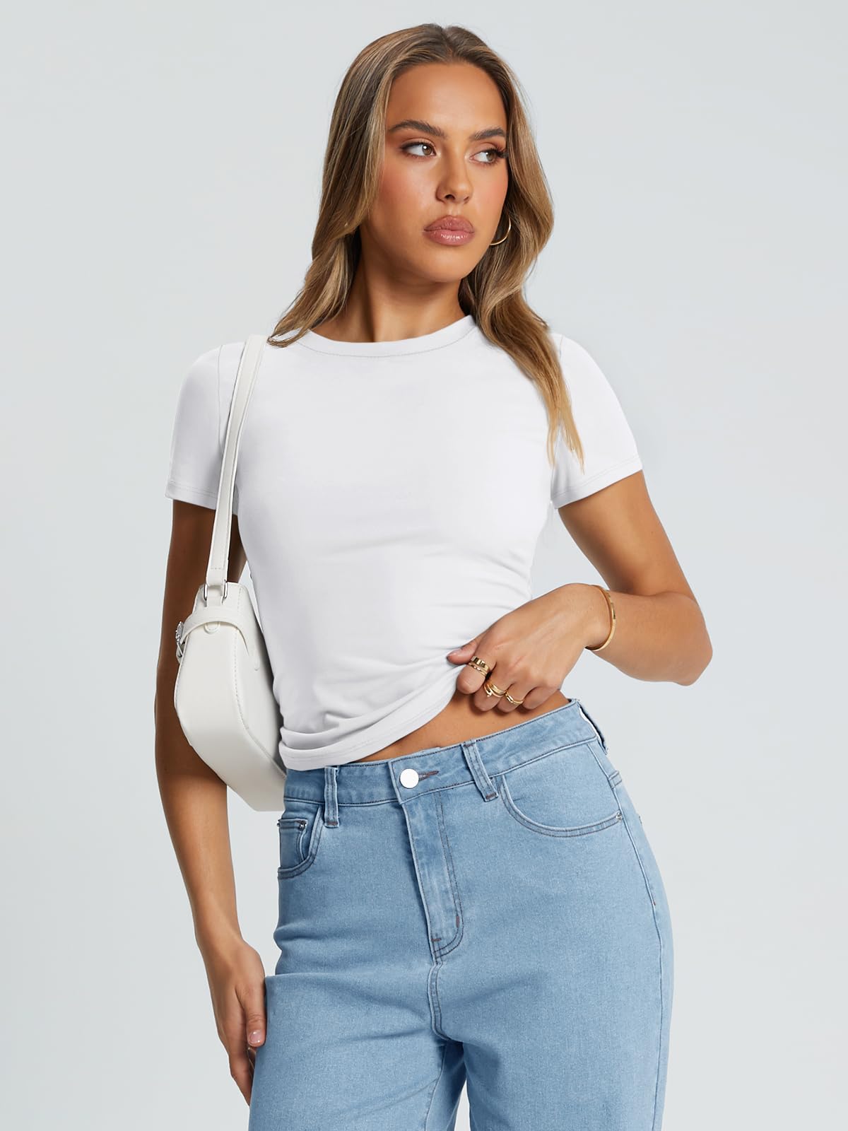 Trendy Queen Womens Basic T Shirts Summer Tops 2026 Crop Short Sleeve Slim Fit Tee Cute Gym Workout Clothes White L