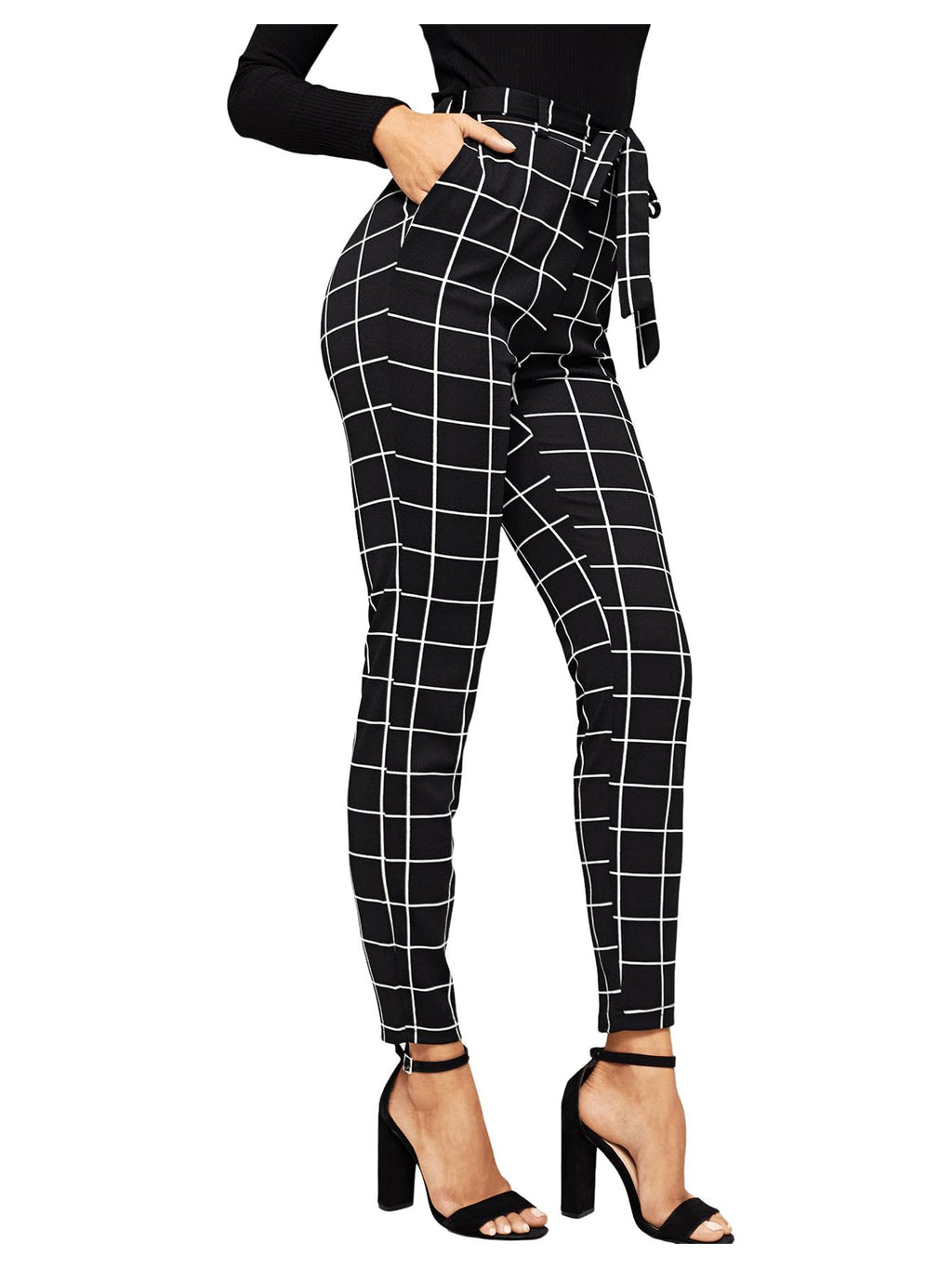 WDIRARA Women's Stretchy Plaid Print Pants Soft Skinny Regular Fashion Leggings Black XL
