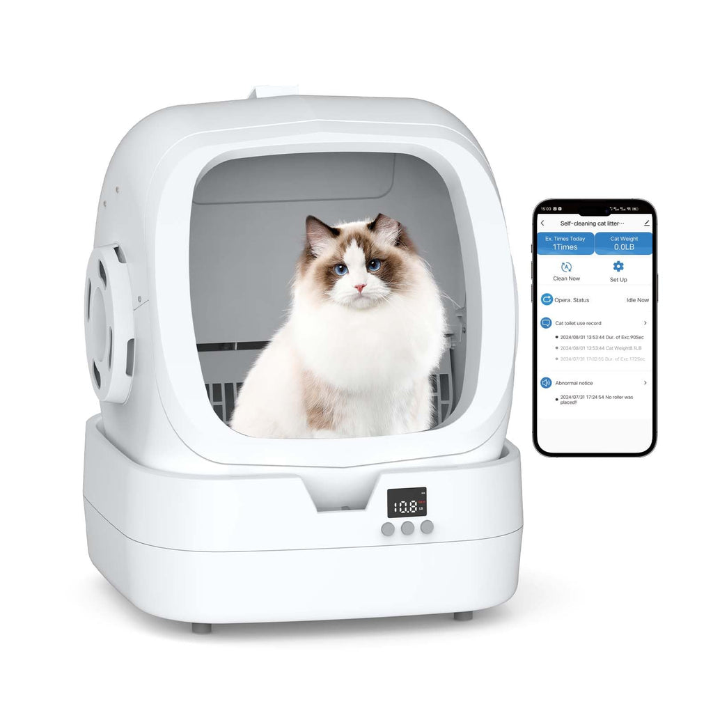 Mintakawa Automatic Cat Litter Box Self Cleaning - APP Control and Weight Monitoring - Ultra-Quiet, Suitable for Medium Cats and Kittens, Safe Anti-Pinch Litter Box (Assembly Required) -White