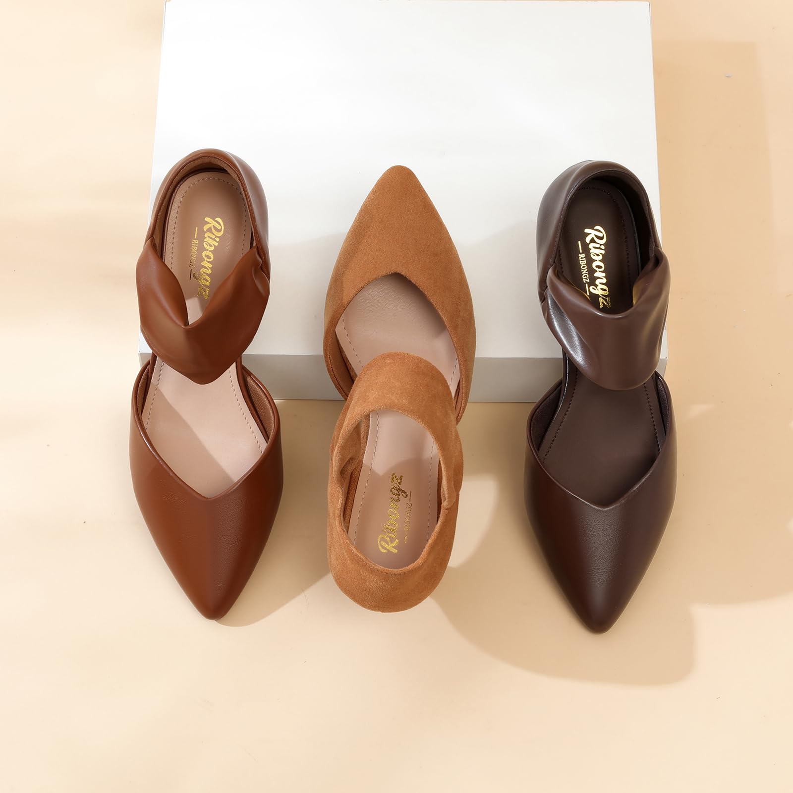 RIBONGZ Dark Brown PU Kitten Heels Comfort Prom Low Heels for Women Closed Pointed Toe Sexy Slip on Pumps Wedding Bridal Working Dressy Shoes 8.5