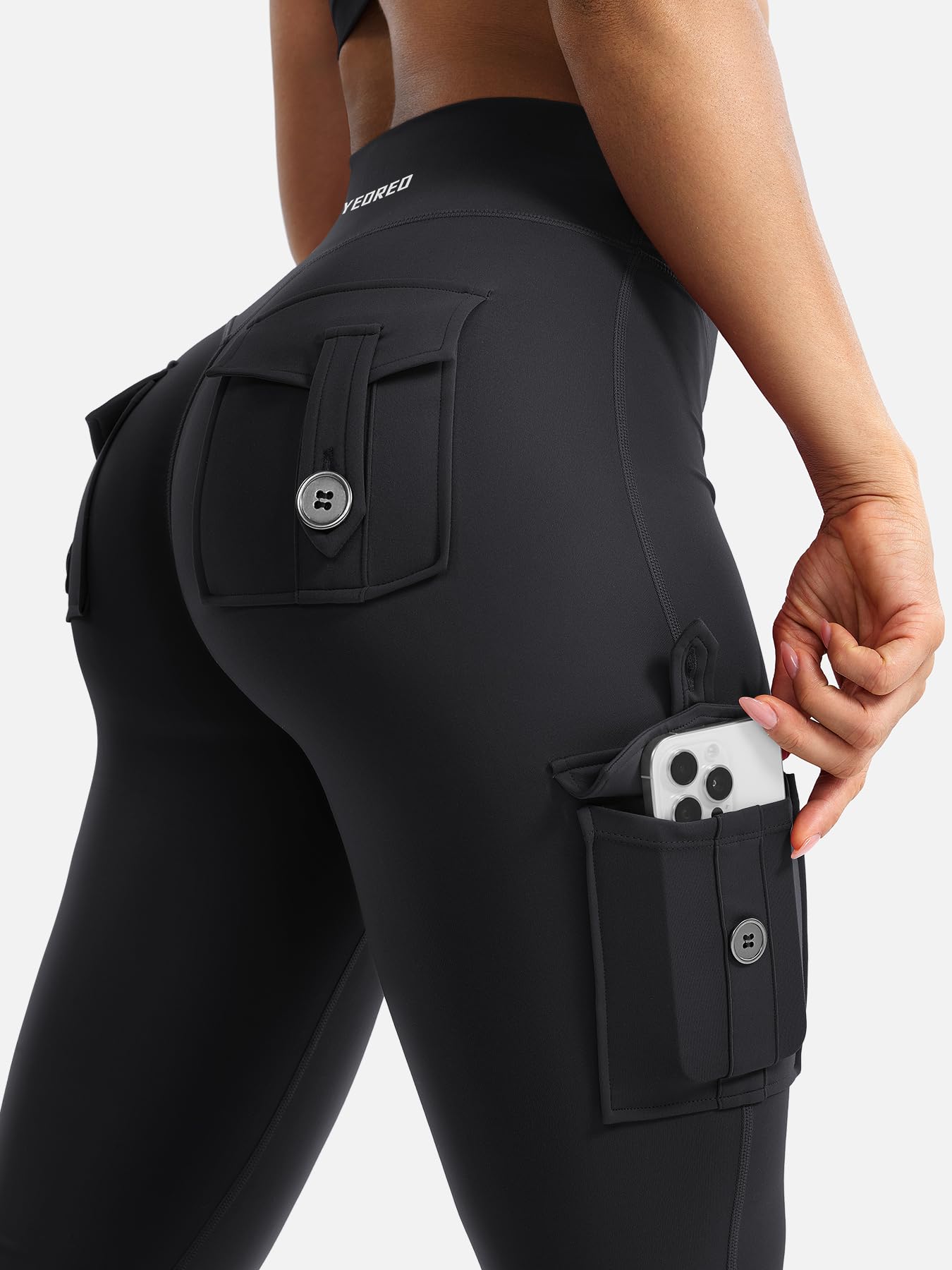 YEOREO CoreFlex Women Workout Flare Leggings with Pockets Hidden Scrunch High Waisted Cargo Gym Yoga Leggings Black L
