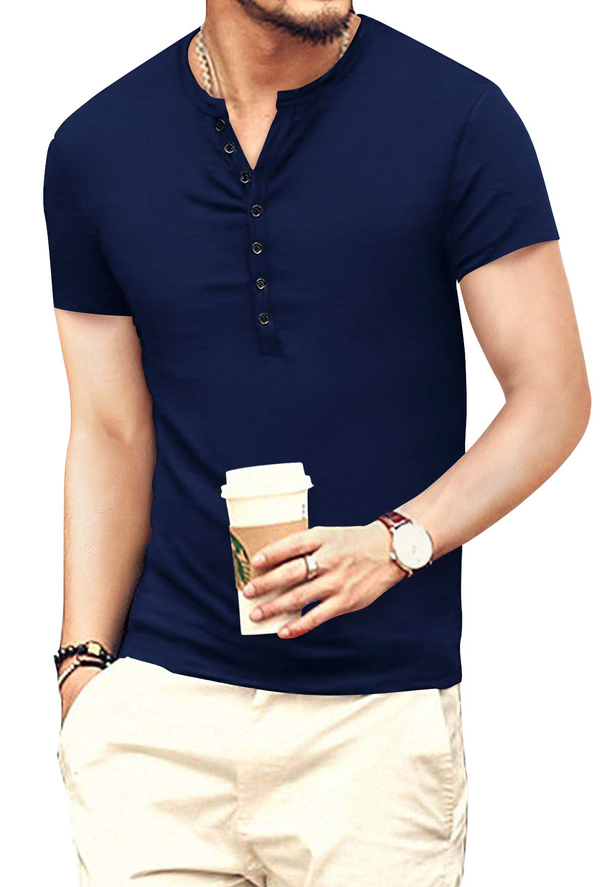 YTD Mens Casual Slim Fit Basic Henley Short Sleeve Fashion Summer T-Shirt M Navy