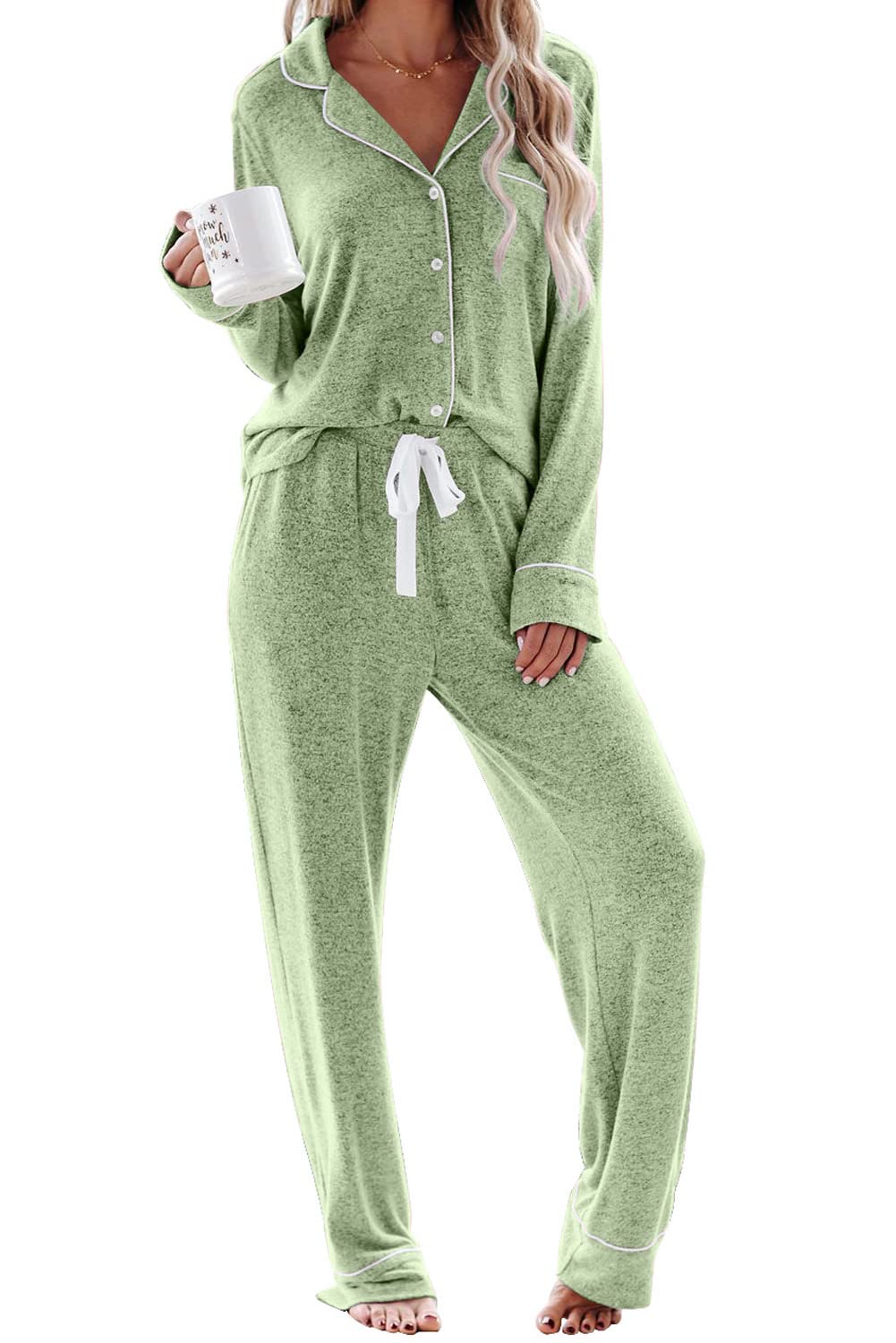 Aamikast Pajama Set for Women Button Down Soft Long Sleeve Pjs Sleepwear Sets (Light Green,M)