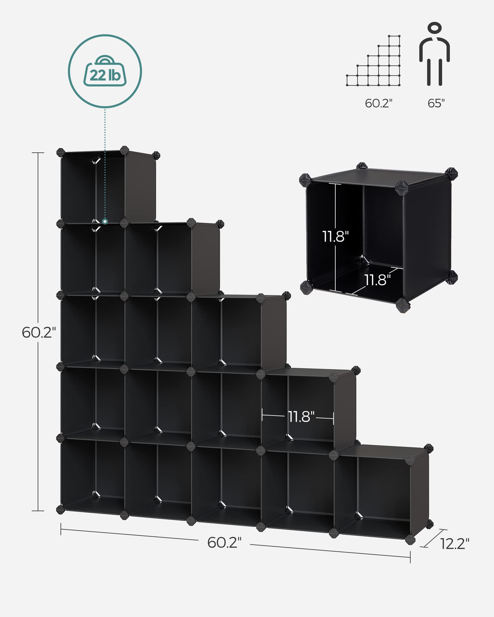 SONGMICS Cube Storage Organizer, Set of 16 Plastic Cubes, Closet Organizers and Storage, Room Organization, Bedroom Living Room, 12.2 x 48.4 x 48.4 Inches, Black ULPC44BK