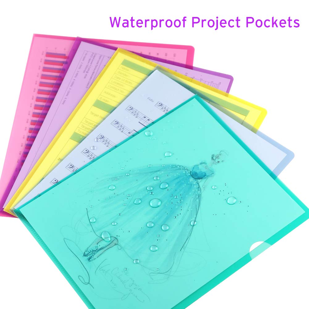 Sooez 25 Pack Clear Document Folder Project Pockets, Clear Plastic Folders Letter Size Plastic Document Folders Paper Poly Jacket Sleeves Folders Copy, 5 Assorted Colors