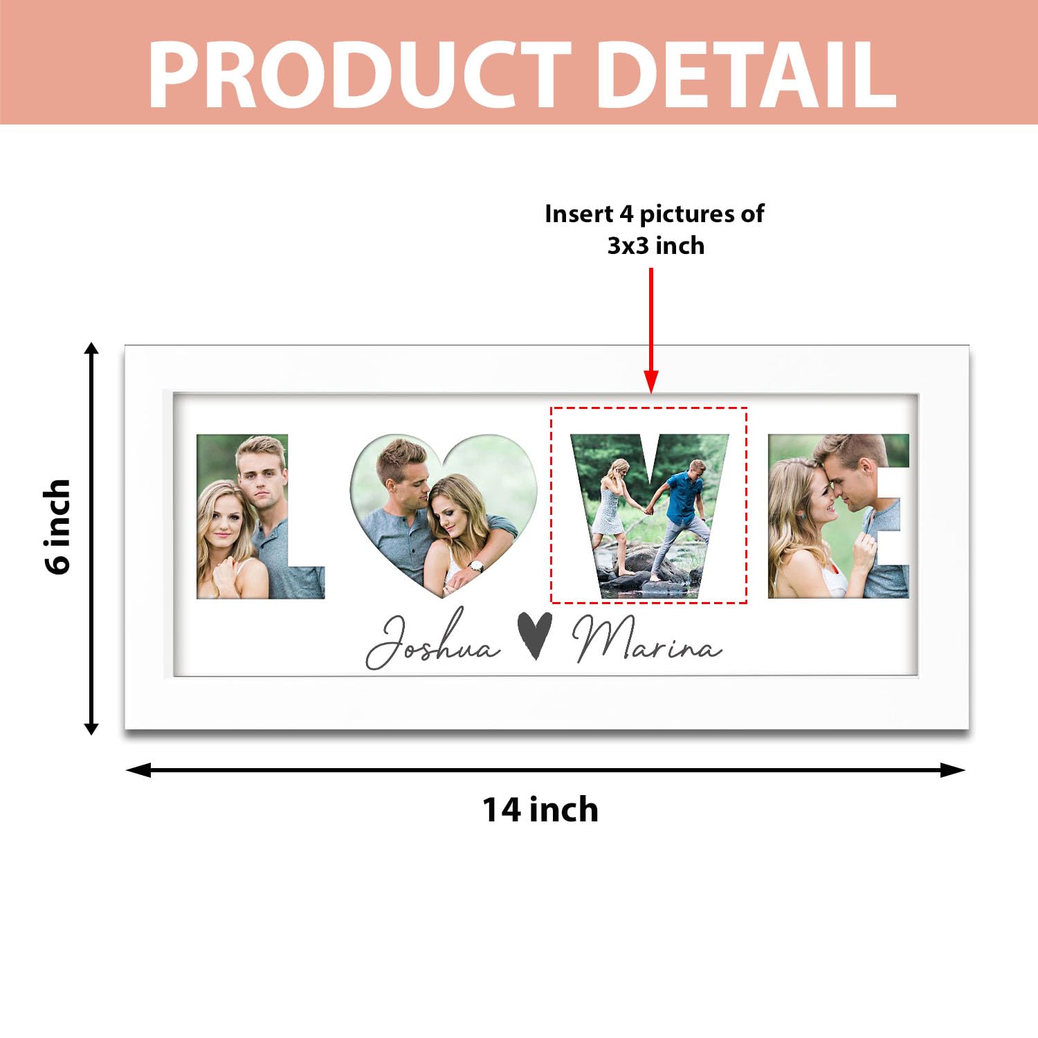 LOVE Frame, Picture Frames with Photos, Gifts for Girlfriend, Custom Gifts for Boyfriend Him Her Couples Husband Wife - Birthday Anniversary Valentine's Day Christmas Presents, Display 4 Pictures 3''