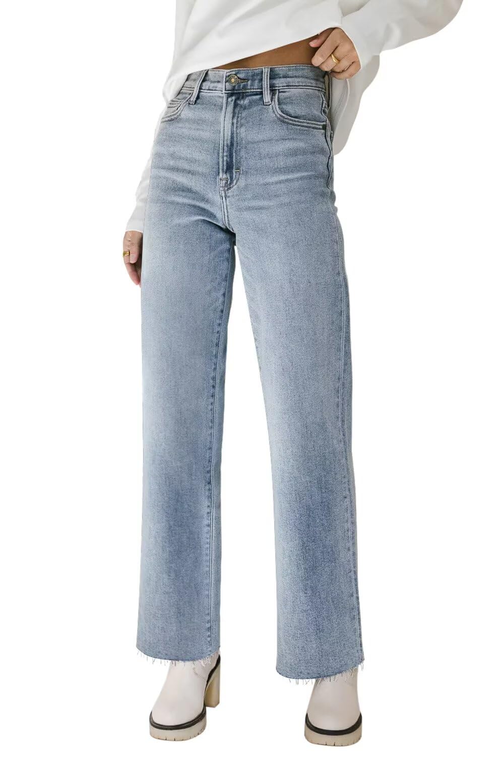 KDF Straight Leg Jeans for Women High Waisted Jeans Frayed Baggy Pants Raw Hem Loose Stretchy Cropped Wide Leg Jeans Light Blue Size 6
