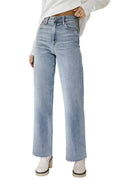 KDF Straight Leg Jeans for Women High Waisted Jeans Frayed Baggy Pants Raw Hem Loose Stretchy Cropped Wide Leg Jeans Light Blue Size 6