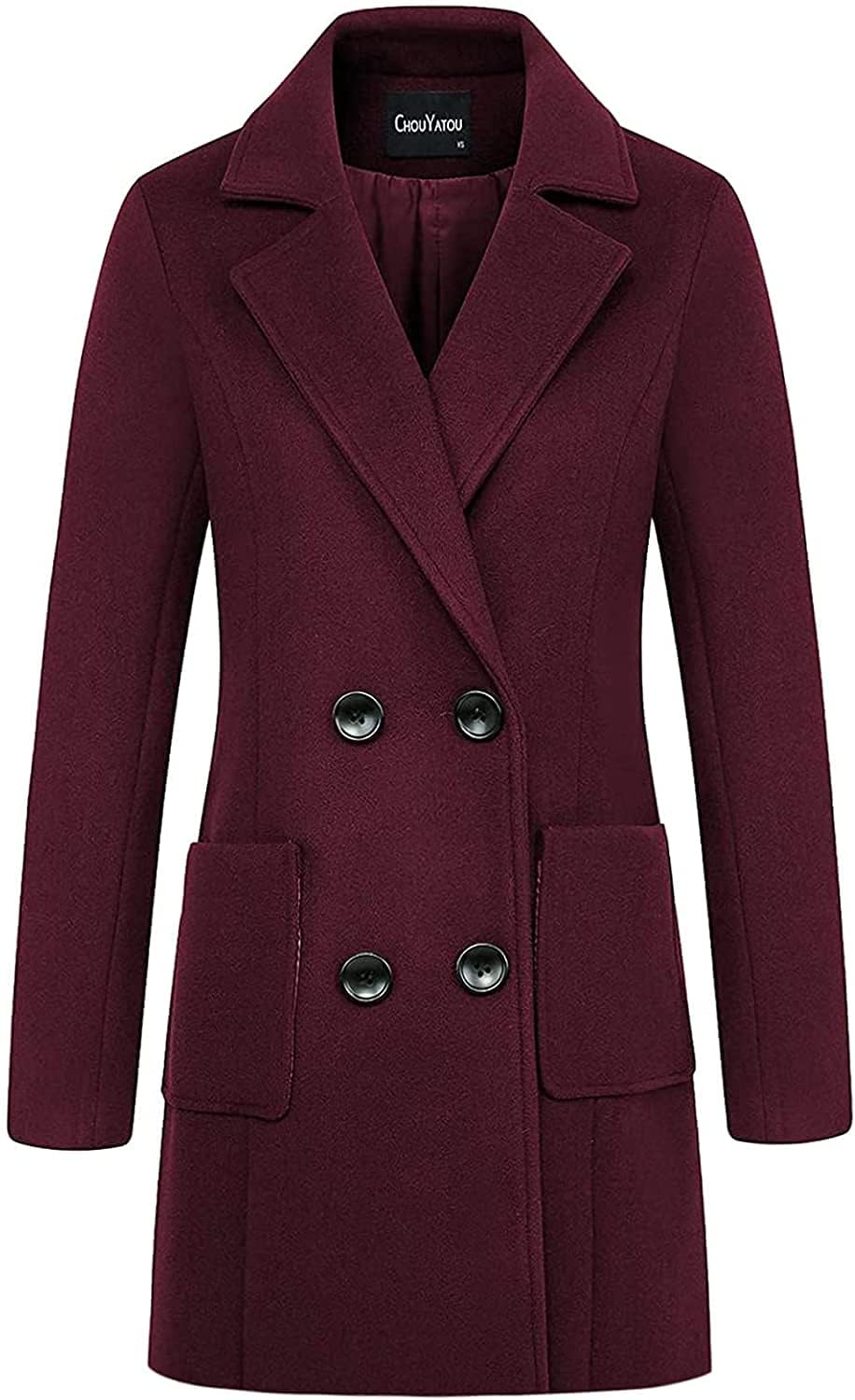 chouyatou Women Elegant Notched Collar Double Breasted Wool Blend Over Coat (Medium, Wine Red)