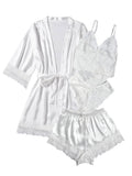 WDIRARA Women' Silk Satin Pajamas Set 4pcs Lingerie Floral Lace Cami Sleepwear with Robe Snow White L