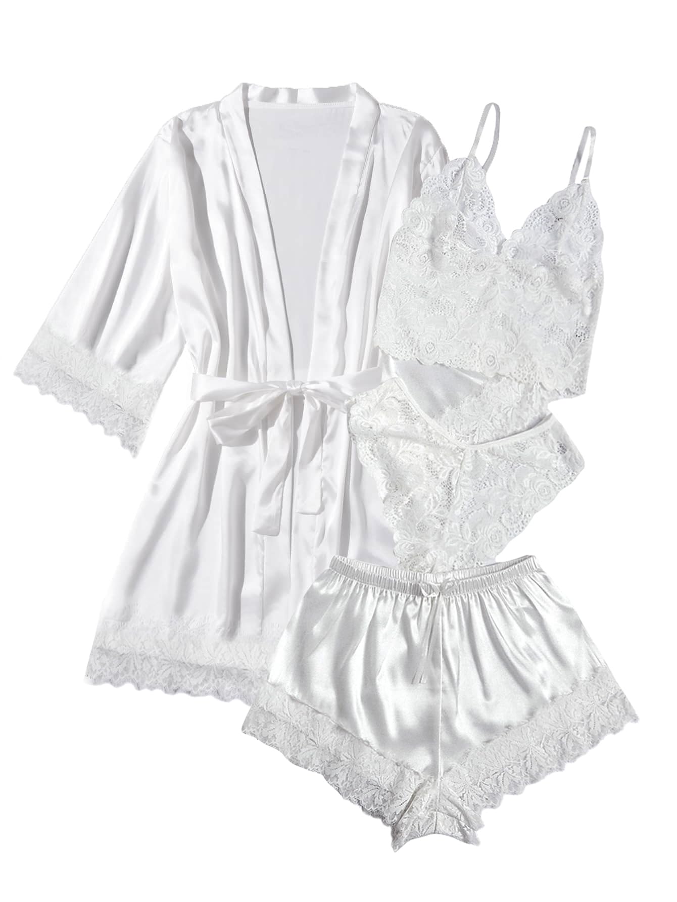 WDIRARA Women' Silk Satin Pajamas Set 4pcs Lingerie Floral Lace Cami Sleepwear with Robe Snow White L