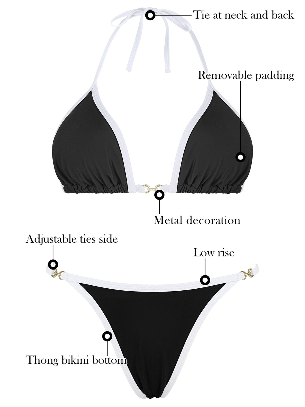 RELLECIGA Women's Thong Bikini Set Triangle Halter Brazilian Two Piece Swimsuit(Black,Large