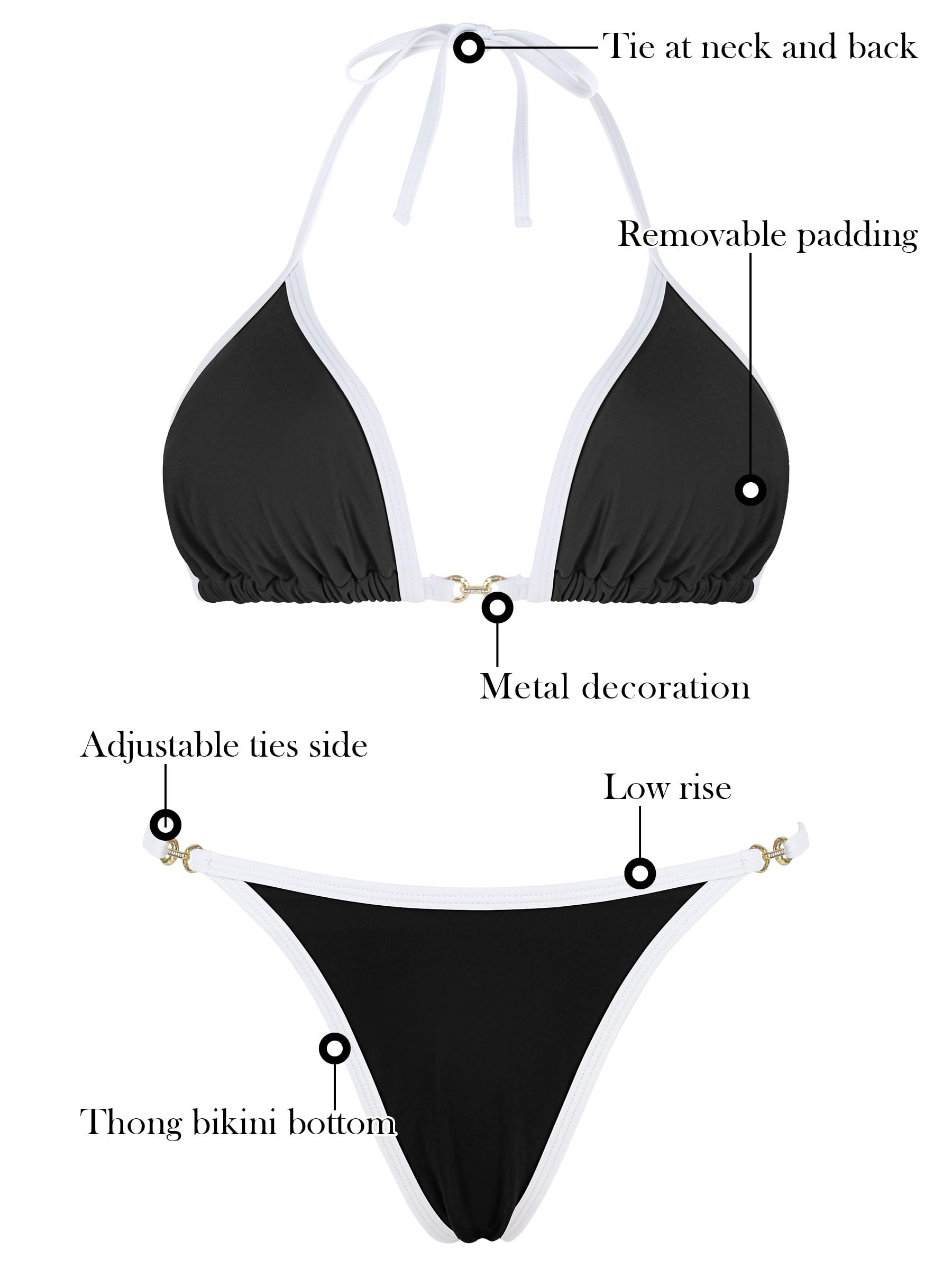 RELLECIGA Women's Thong Bikini Set Triangle Halter Brazilian Two Piece Swimsuit(Black,Large