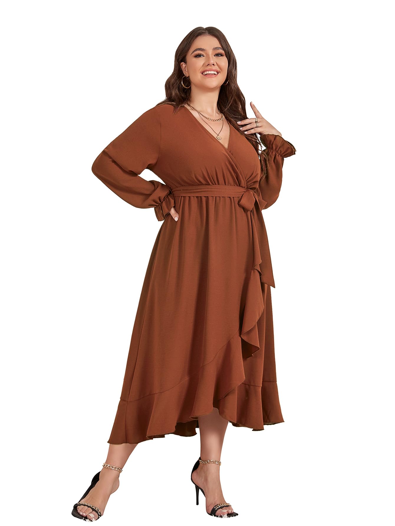 SCOMCHIC Women Plus Size Formal Dresses Fall Long Sleeve Faux Wrap V Neck High Low Ruffle Cocktail Wedding Guest Maxi Dress Rust