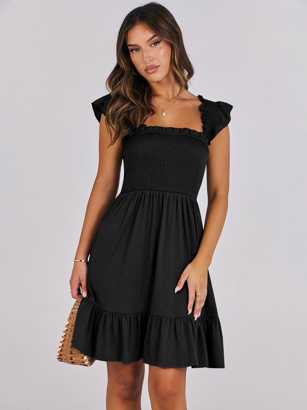 ANRABESS Women's Summer Casual Sleeveless Square Neck Dress 2025 Smocked Ruffle Backless Boho Beach Cute Teen Short Sundress Black Medium
