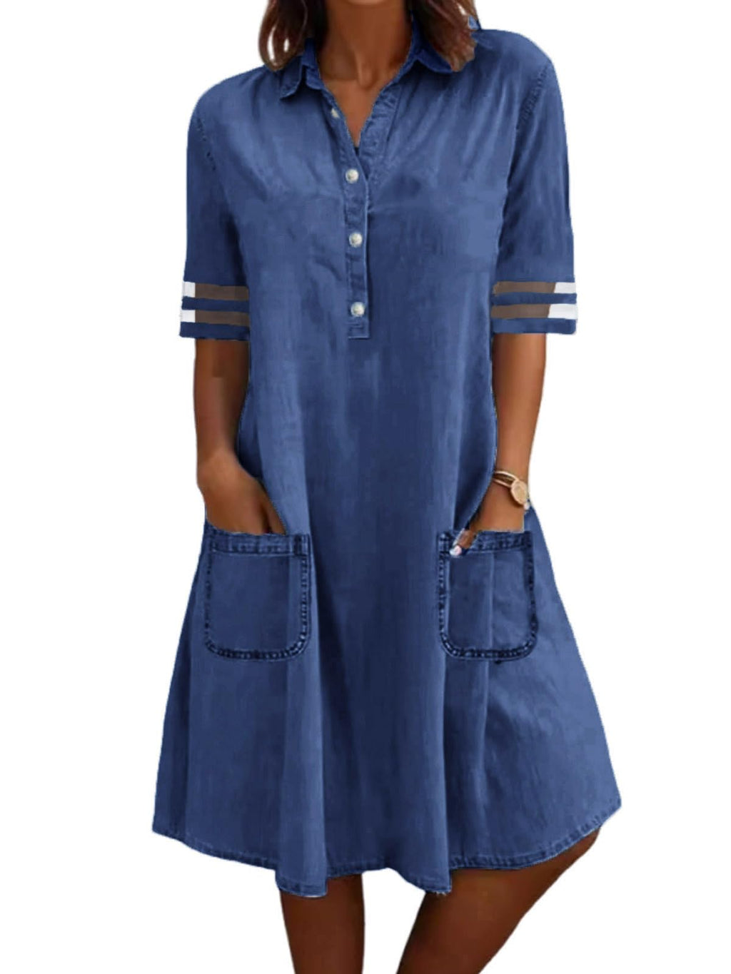 utcoco Denim Dress for Women 2025 Casual Tulle Short Sleeve Button Jean Midi Dress with Pockets (Large, Dark Blue)