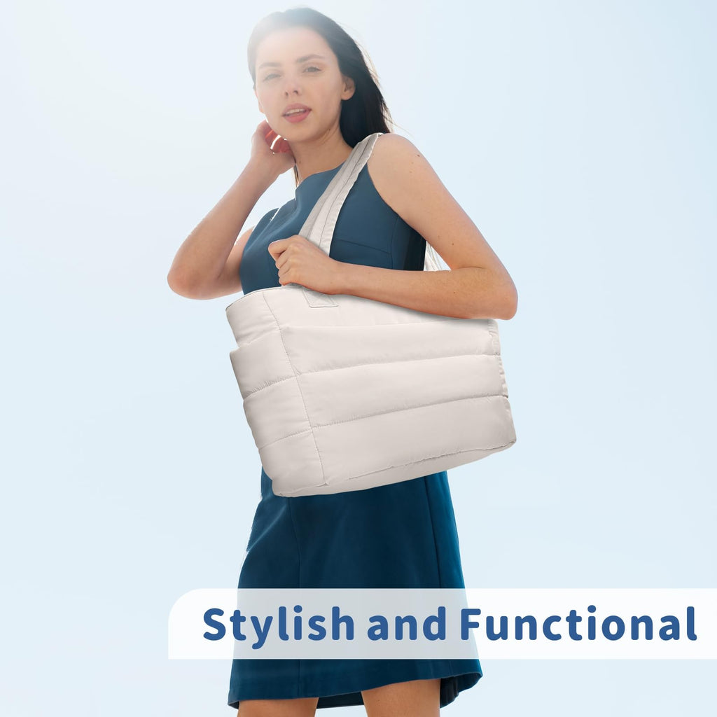TOPDesign Puffer Tote Bag for Women, Lightweight Puffy Handbag with Compartments & Cosmetic Bag, Quilted Shoulder Bags for Work, Travel, Gym, Gifting (M Light White)
