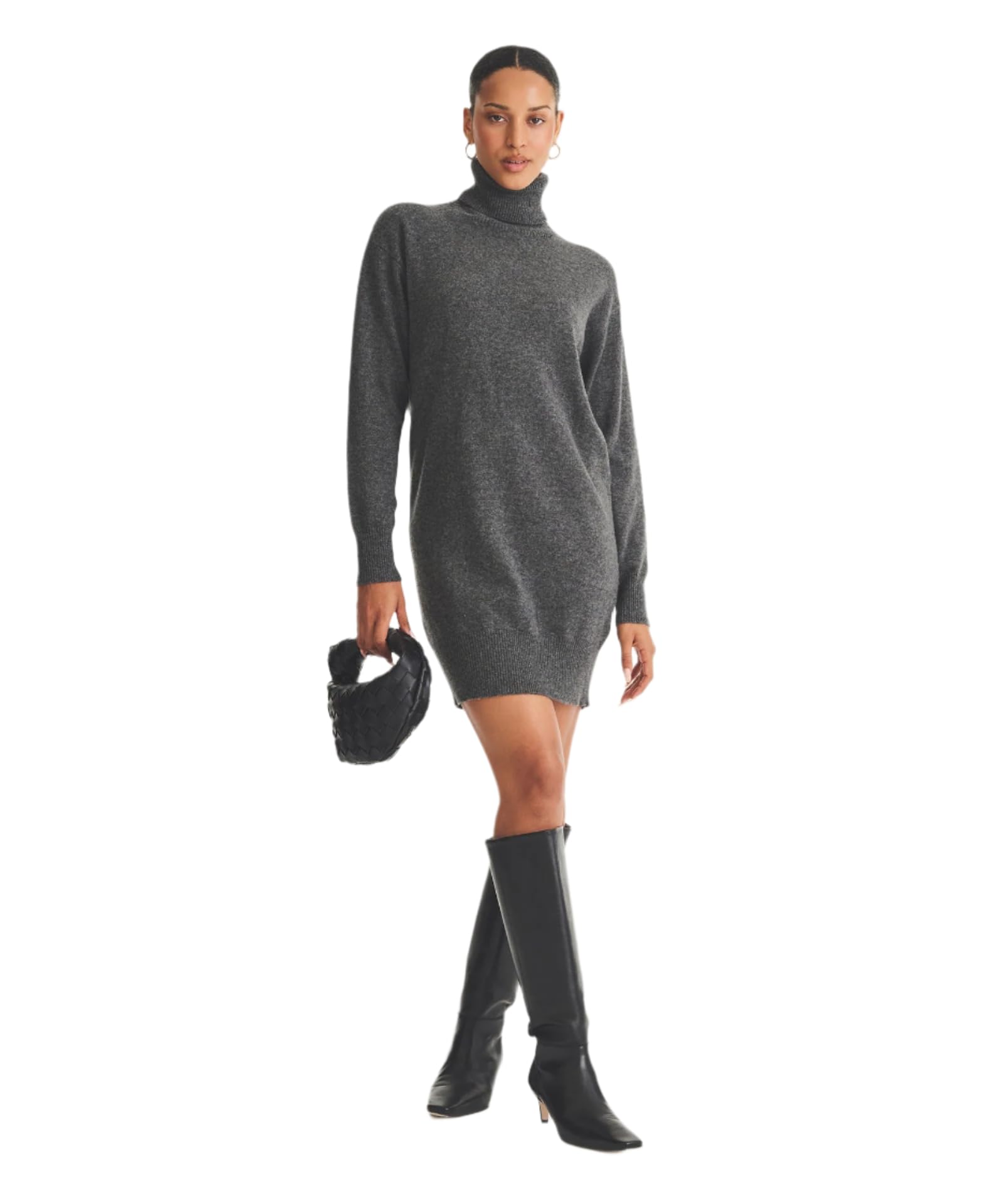 Naadam Womens Cashmere Turtleneck Mini Dress, Granite, M