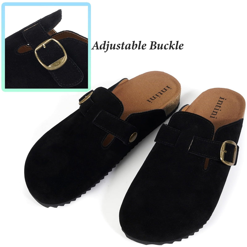 Genuine Suede Leather Clogs for Womens Mens Slip on Mules Antislip Cork Sandals with Arch Support Black