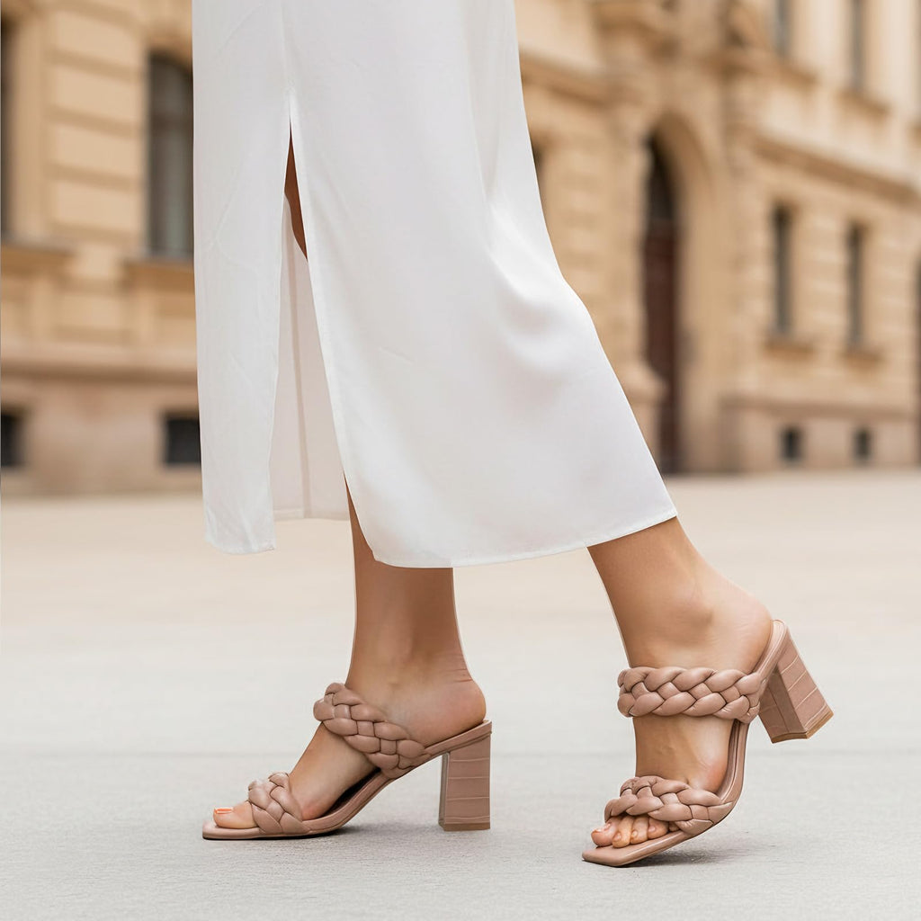 Athlefit Women's Braided Heeled Sandals Fashion Square Open Toe Comfortable Slip on Block Nude Heels Size 8