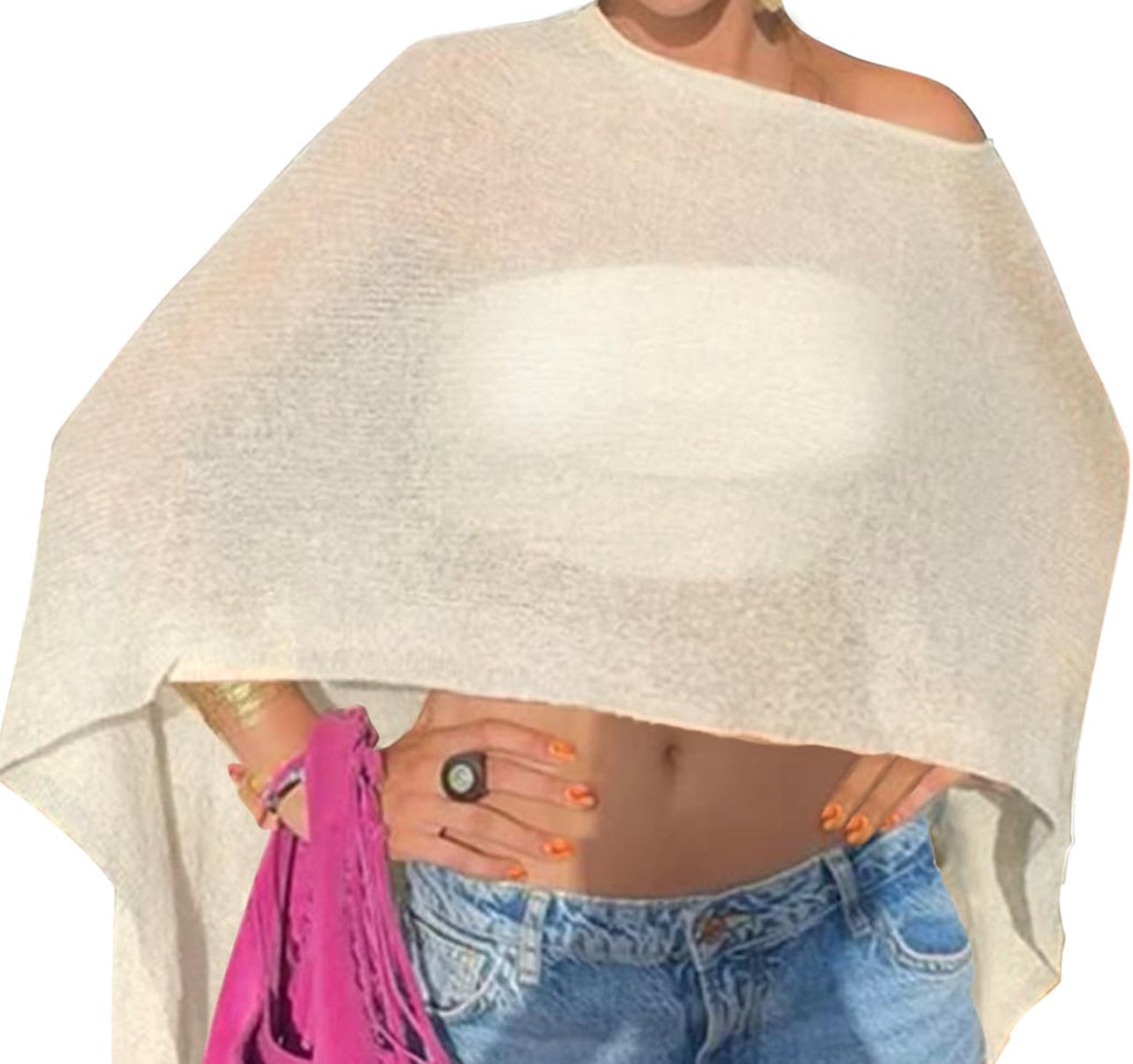 Vicarly Drop Shoulder Sheer Crochet Vacation Outfit Poncho Sweater Top Summer Beach Coverup Women See Though Thru Festival Tropical Shawls Bolero Shrug Rave Resort GoingOut Wear Swimsuit Beige Medium