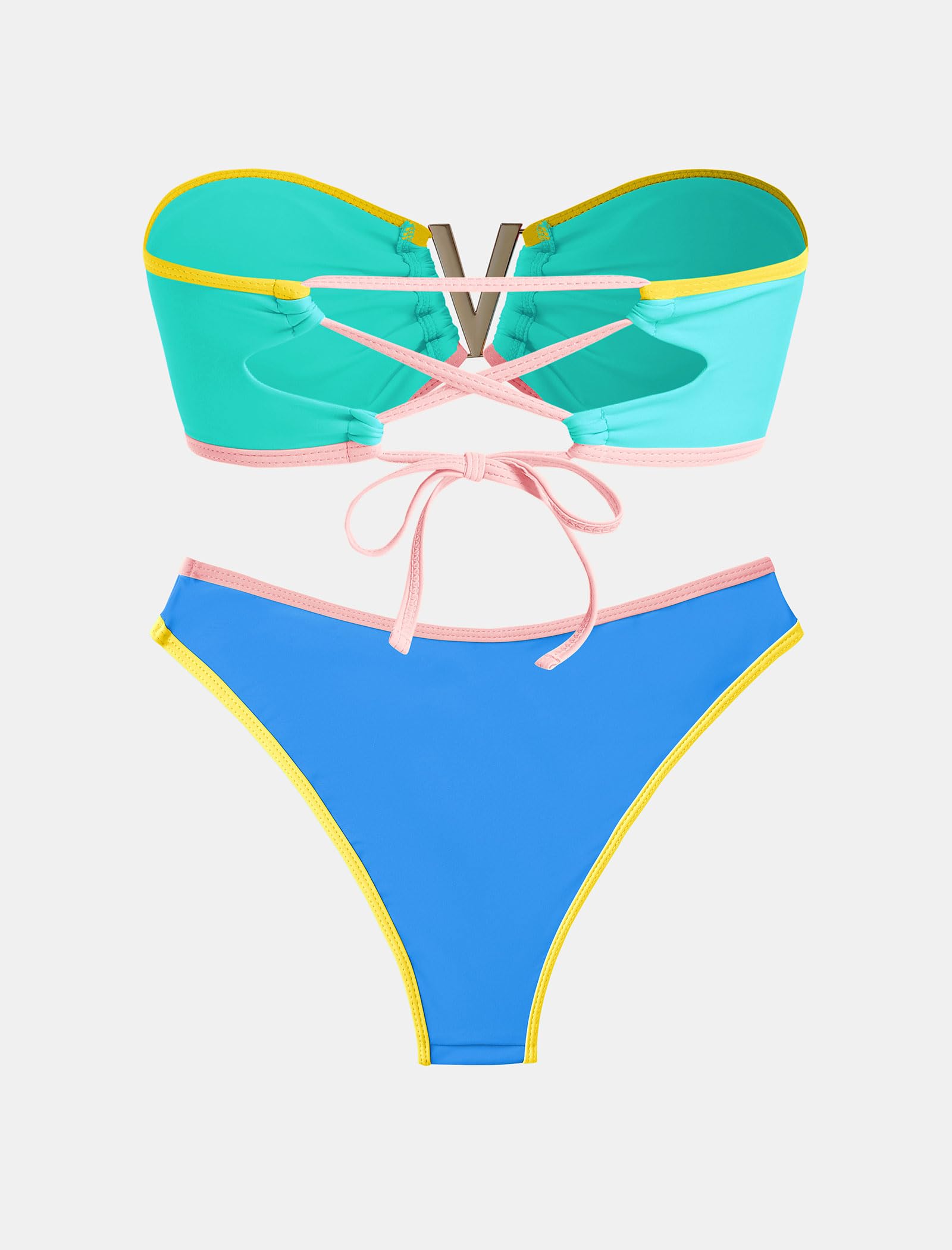 ZAFUL Women's Bandeau Bikini V Strapless Confetti Colorblock Tie Back High Cut Two Piece Swimsuit Bathing Suits (1-Turquoise, M)