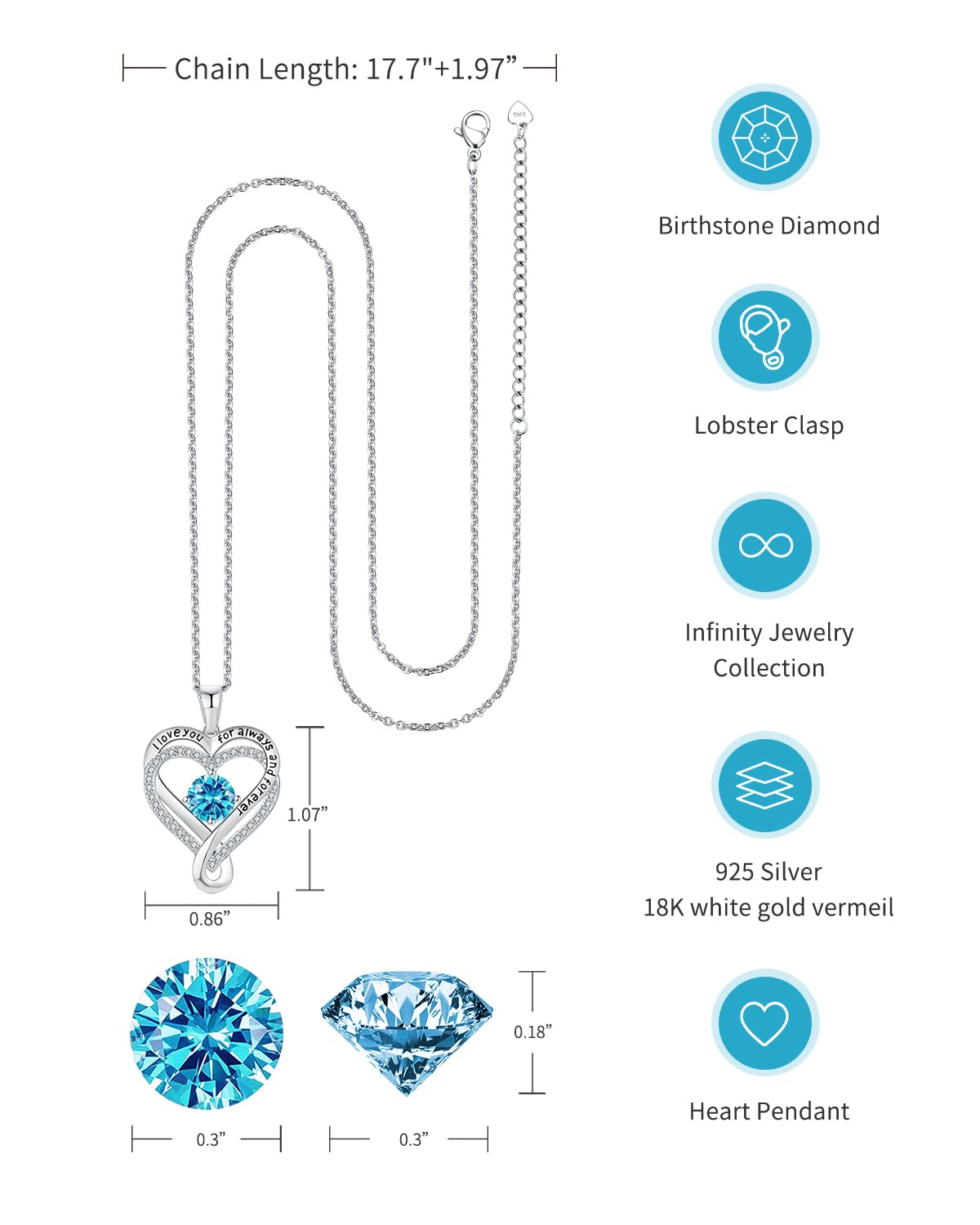 Necklaces for Women S925 Infinity Heart Turquoise Birthstone Jewelry for Women Wife Birthday Gift Ideas Anniversary Romantic Love Jewelry Girlfriend Mom Daughter Granddaughters December